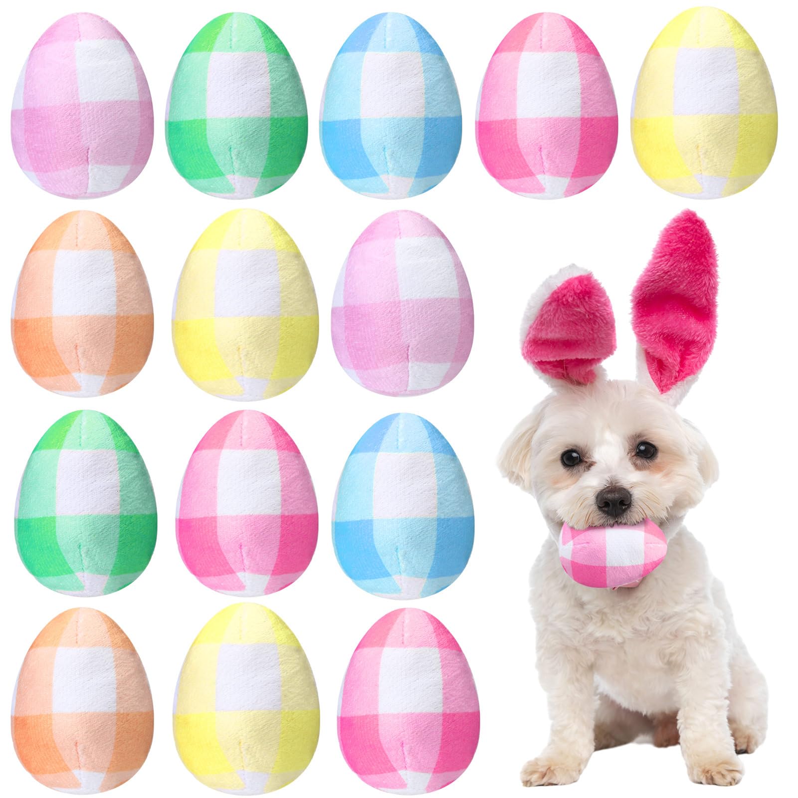 Leyndo 24Pcs Pastel Plaid Plush Easter Egg Toys For Medium & Small Dogs, Cotton Squeaky Dog Teething Toy, Pet Costume, Ifs2263-2