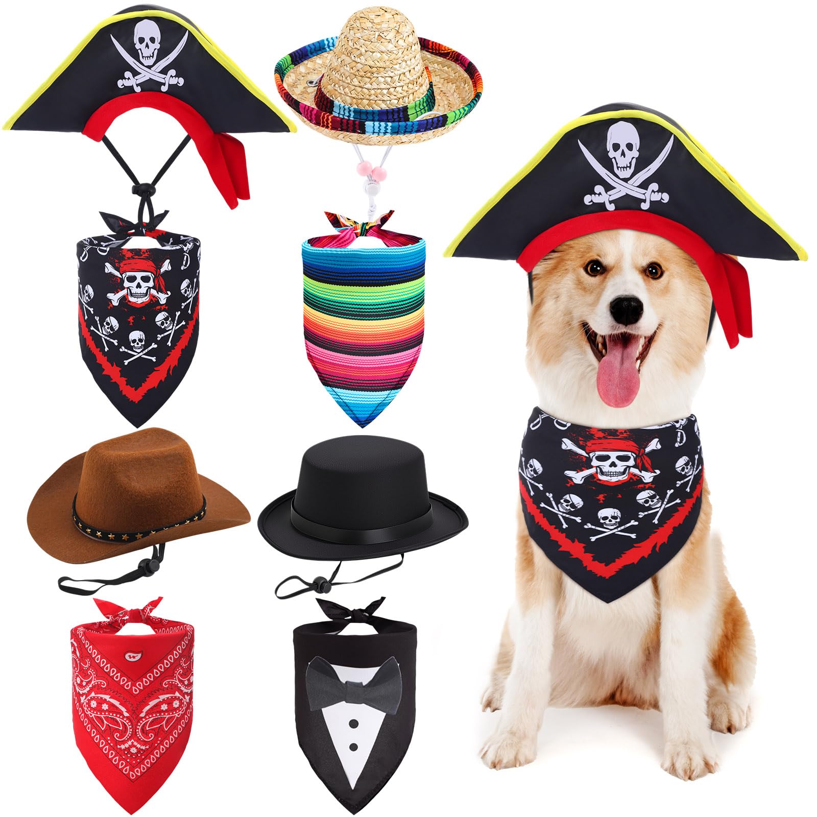 Eccliy 4 Sets Dog Costume Outfit Pirate Dog Hat Formal Tuxedo Bandana Collar Pet Cowboy Hat Mexican Sombrero Hats for Fiesta Hal