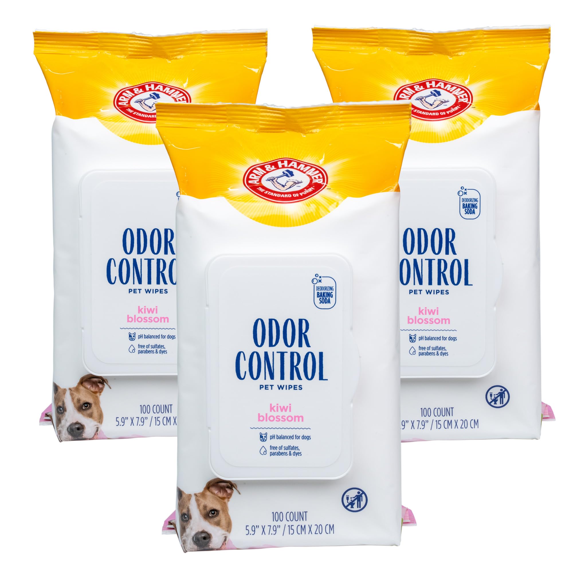 Arm & Hammer For Pets Odor Control Wipes For Dogs, Best Odor Eliminating Waterless Cleaning For Dogs & Puppies | Kiwi Blossom Scent, 100 Count - 3 Pack