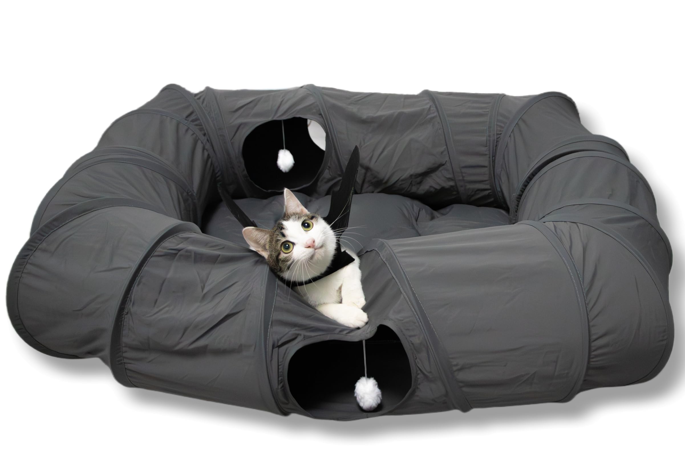 Xxingsheep 4 Ways Shuttled Xl Cat Tunnel Bed For Indoor Cats Peekaboo Cat Cave Donut With Cool Mat (Dark Gray)
