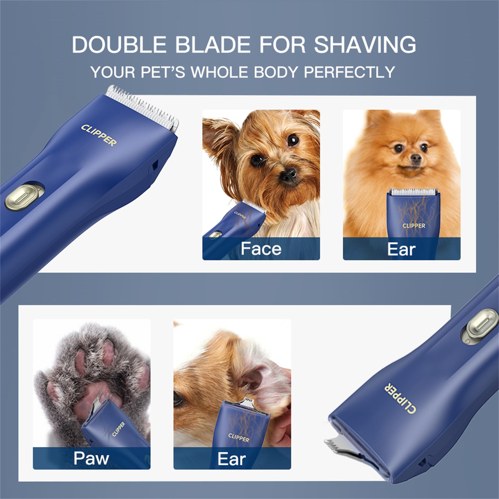 Founouly 2 In 1 Prowerful Home Professional Dog Grooming Kit Clipper Low Noise Usb Rechargeable Gifts For Dog Cat Blue,Mts006