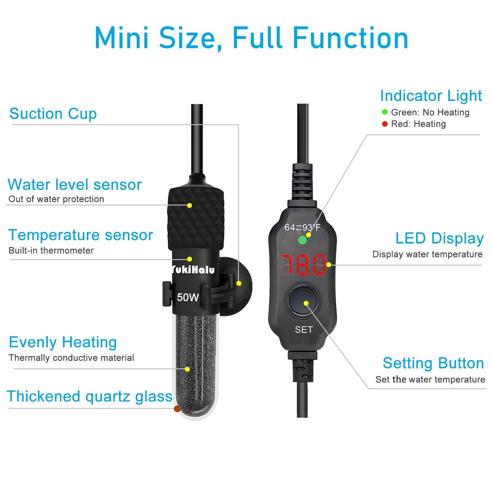 Yukihalu Small Submersible Aquarium Heater, Adjustable Mini Fish Tank Heater 25W 50W 100W 200W 300W With External Temperature Co