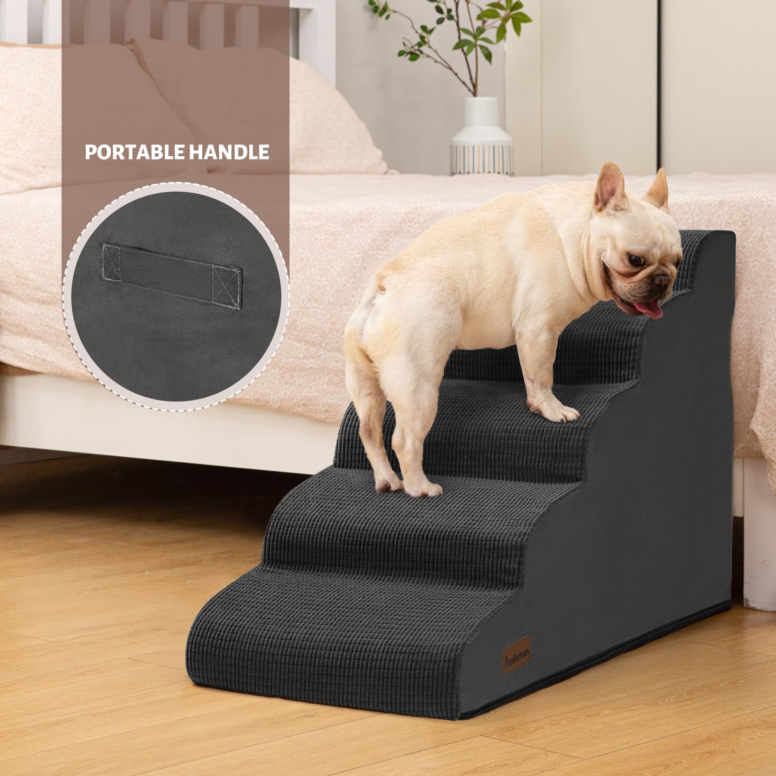 Aodisman 5-Step Dog Stairs and Ramp for High Bed, Non-Slip Sturdy Pet Steps for Small Dogs and Cats,22.2 H, Black