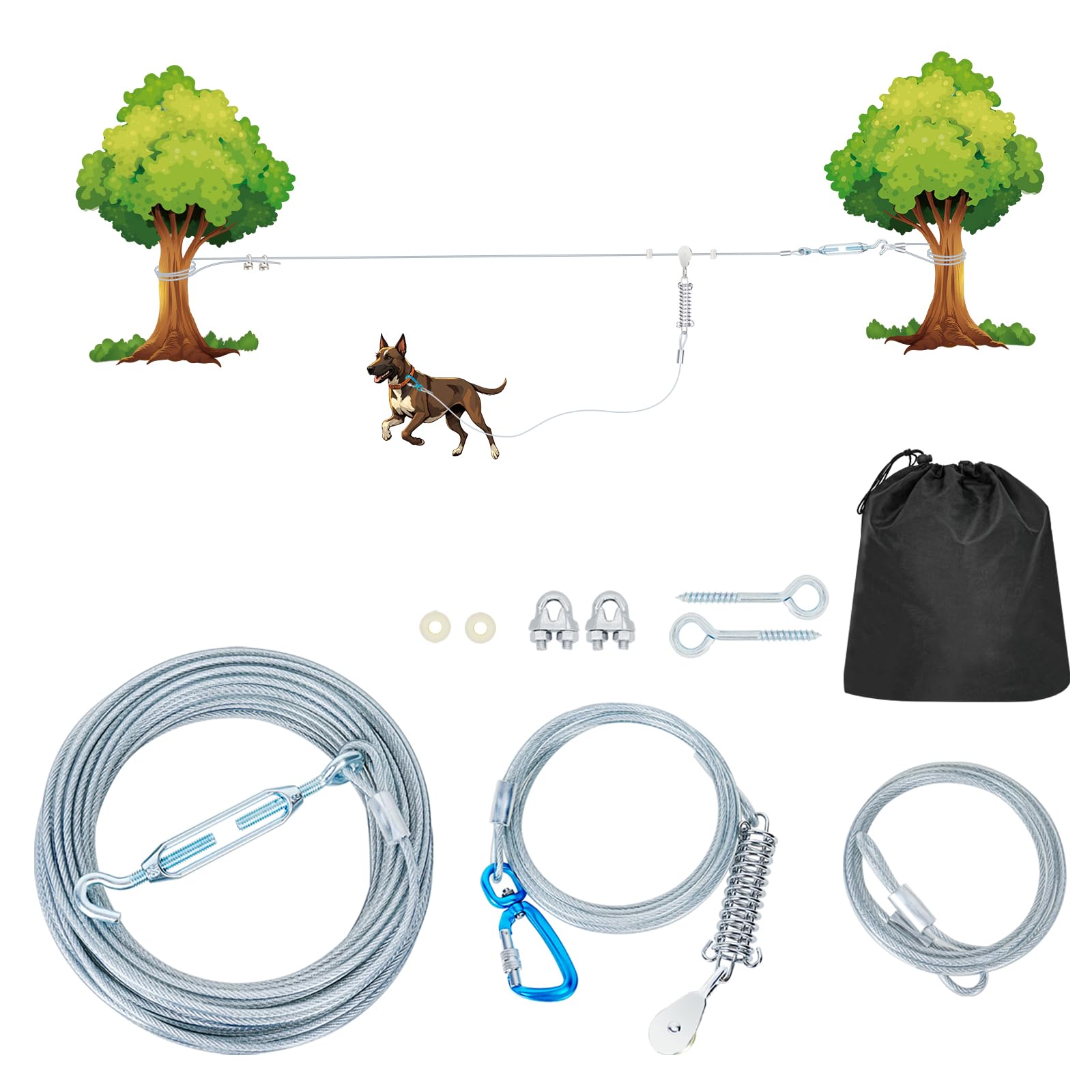 Dog Runner For Yard Large Dog Heavy Duty 75Ft With Double Shock Absorbers Tangle-Free Aerial Trolley System For Large Dogs Up To