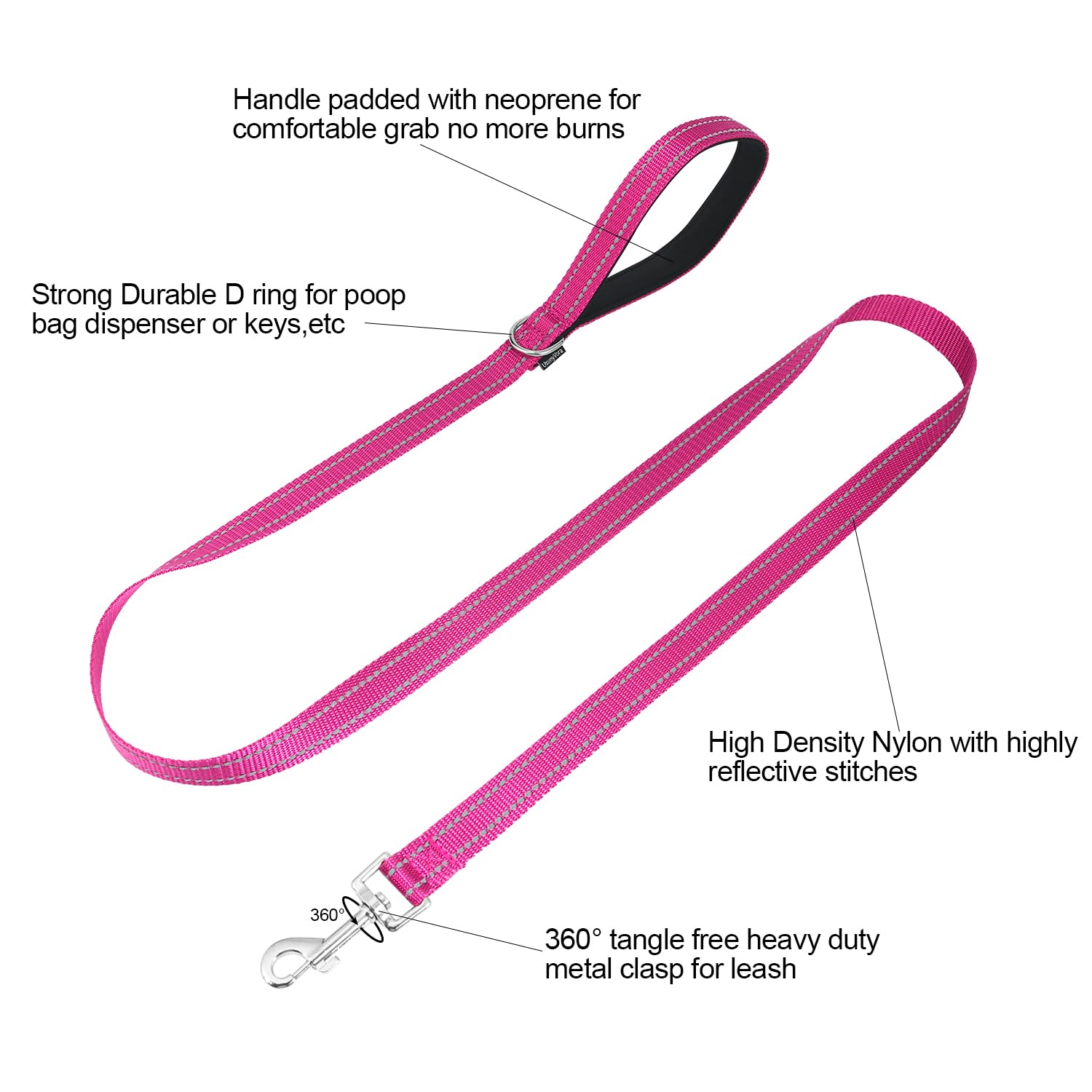 Usunyvora Reflective Nylon Dog Leash For Walking,Strong Dog Leash With Padded Handle For Small And Medium Dogs,5 Ft,Rose