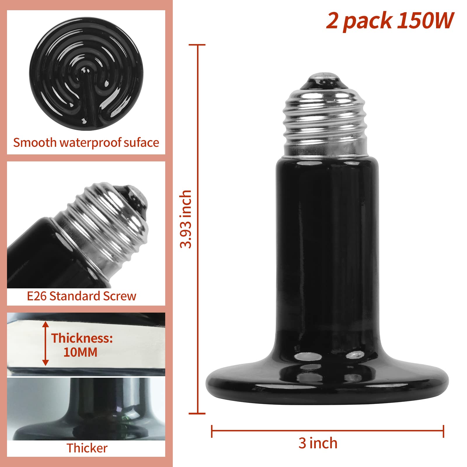 Repti Home 150W Ceramic Heat Emitter (2 Pack), Reptile Heat Lamp Bulbs, Ceramic Heater For Amphibian, Pet Brooder Coop, Chicken, Dog, Cat