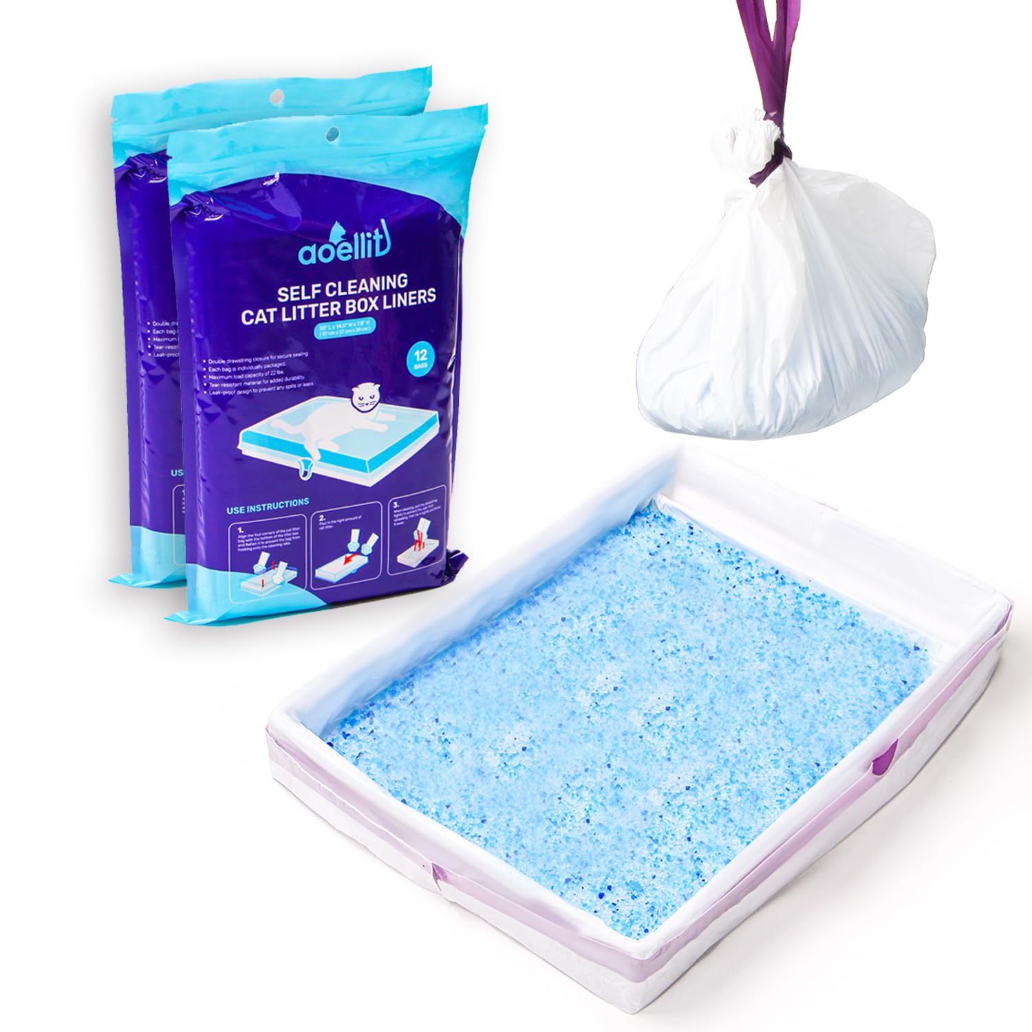 Aoellit 24 Count Litter Box Liners, Waste Bags Compatible With Pet-Safe Scoopfree Self-Cleaning Litter Box Tray Refills, Drawstr