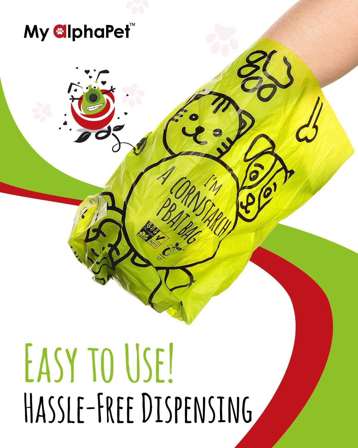 My Alphapet Compostable Dog Poop Bags, Cornstarch Eco-Friendly, Home Compost Nf T 51-800, 120 Count, Large Size Bag 9X13 Inches, 8 Unscented Refill Rolls, Leak-Proof, Plantbased, Gm-Free Corn