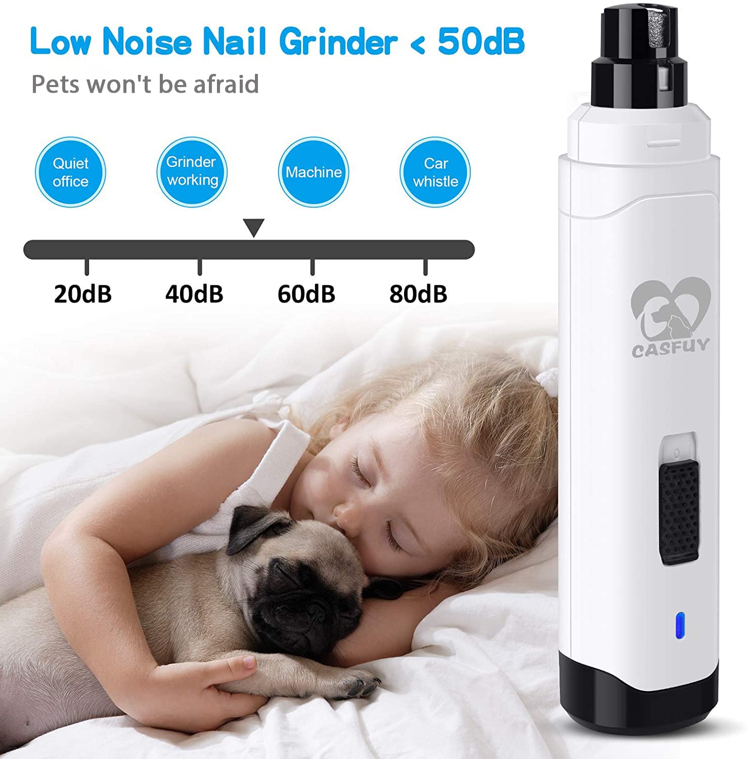 Casfuy Dog Nail Grinder Upgraded - Professional 2-Speed Electric Rechargeable Pet Nail Trimmer Painless Paws Grooming & Smoothing For Small Medium Large Dogs & Cats (White)