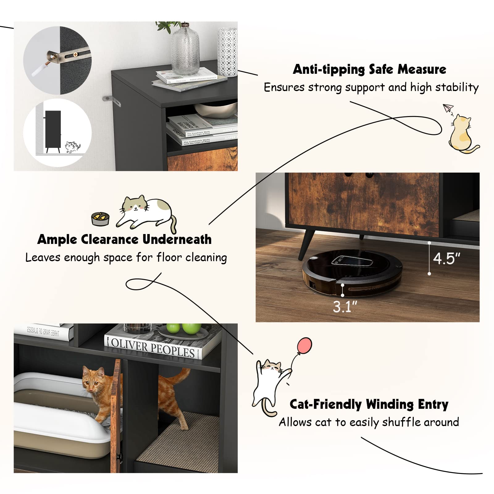 Petsite Litter Box Enclosure, Wooden Cat Litter Box Furniture Hidden With Shelves & Scratching Pad, Kitty Large Litter Box Washroom Cabinet End Table