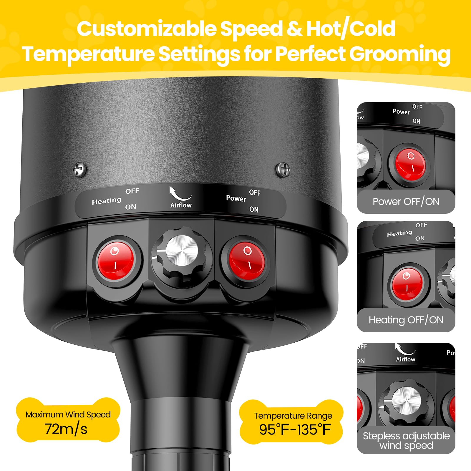 Auorc Dog Dryer, 5.2Hp/3800W High Velocity Dog Hair Dryer With 4 Nozzles, Stepless Adjustable Speed & Temperature Control, Low N