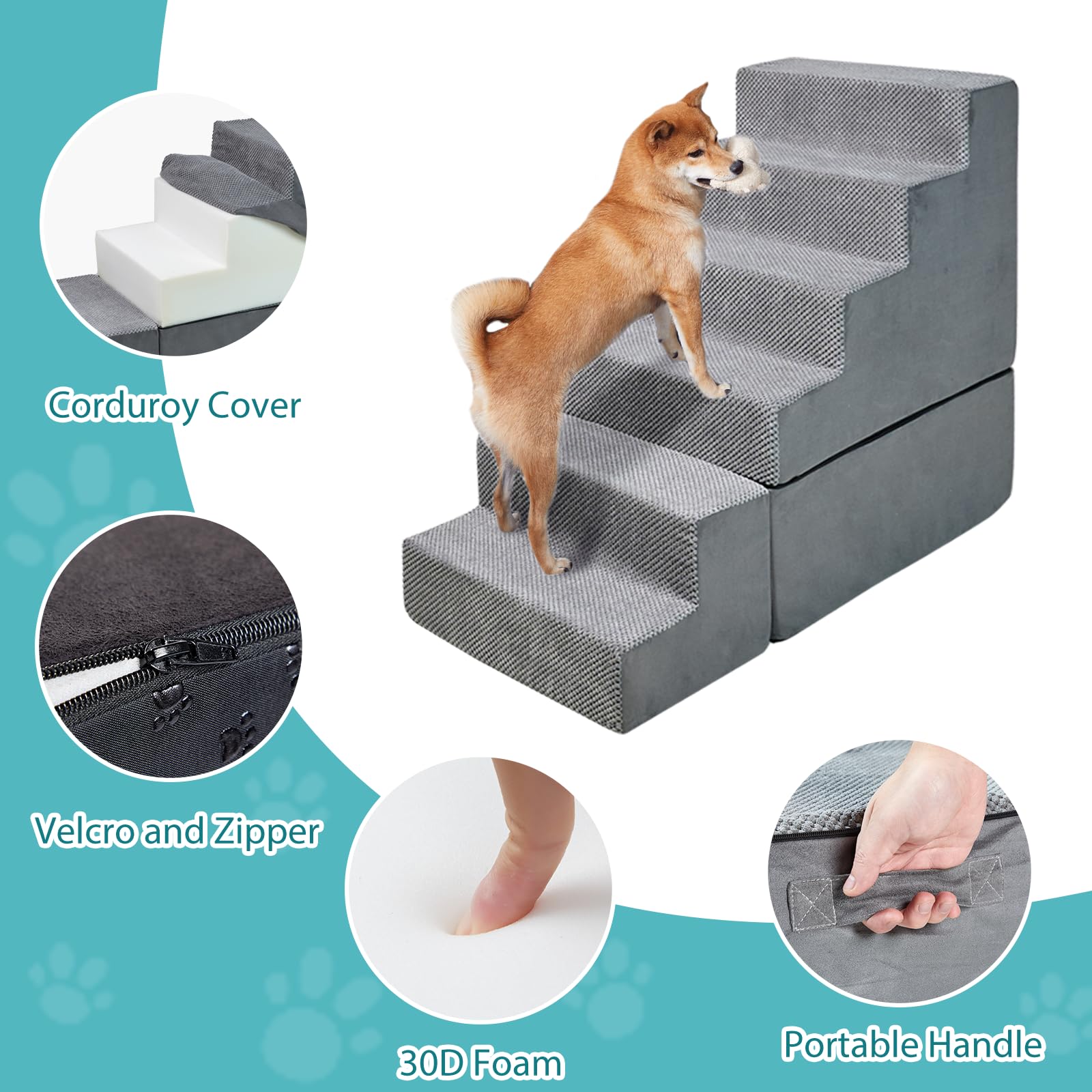 Litail 30 Inches Dog Steps&Stairs For High Bed Up To 30-36 Inches Tall Bed, 6 Steps Dog Stairs Dog Ramps Pet Stairs For Small Do
