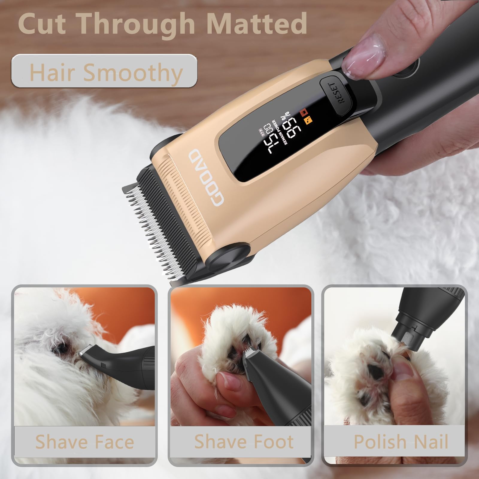 Gooad Dog Clippers For Grooming For Heavy Thick Hair&Coats,7500Rpm Low Noise Dog Hair Trimmer,Rechargeable Cordless Pet Shaver,
