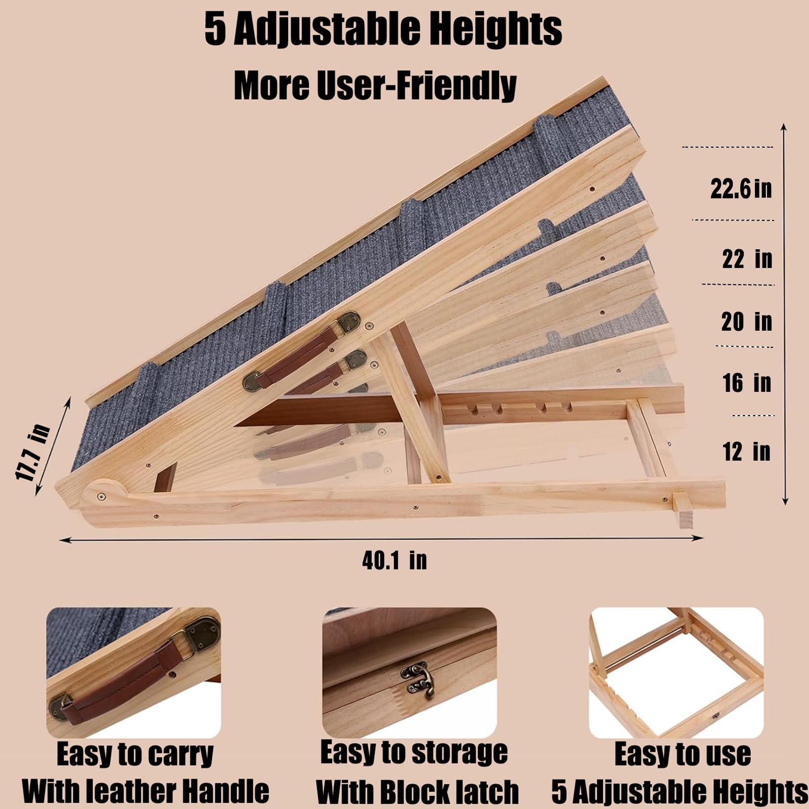 Wooden Dog Ramp Car Stairs Foldable Pet Stairs,5 Levels Height Pet Steps For Dogs And Cats,Non-Slip Balanced Dog Indoor Outdoor
