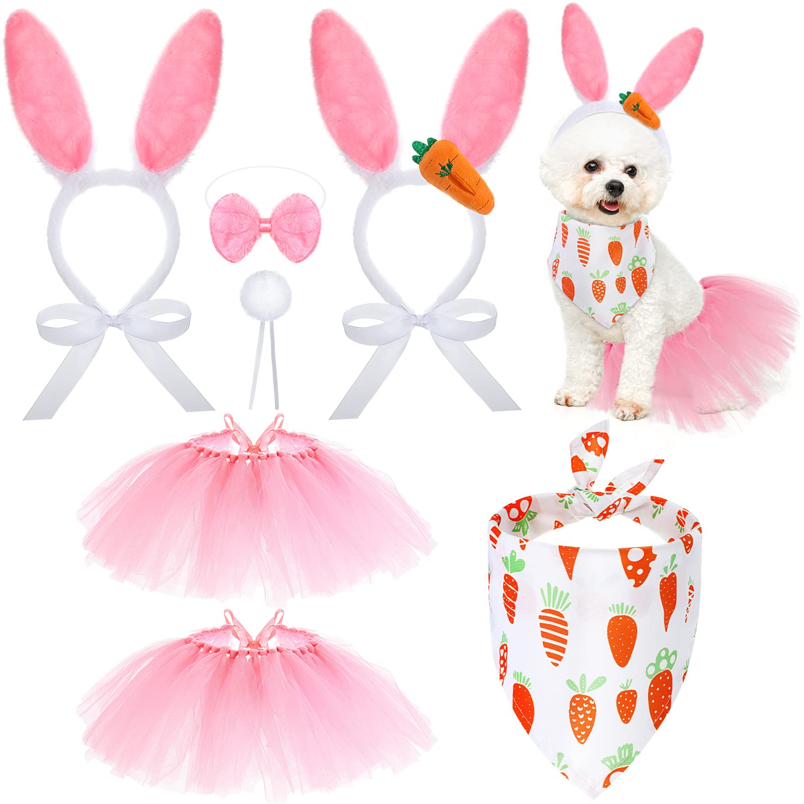 7 Pieces Easter Dog Bunny Costume Set, Pet Bunny Ears Headband, Pink Tutu Skirt, Triangle Bibs Pet Scarf With Tail, Bow Tie Coll