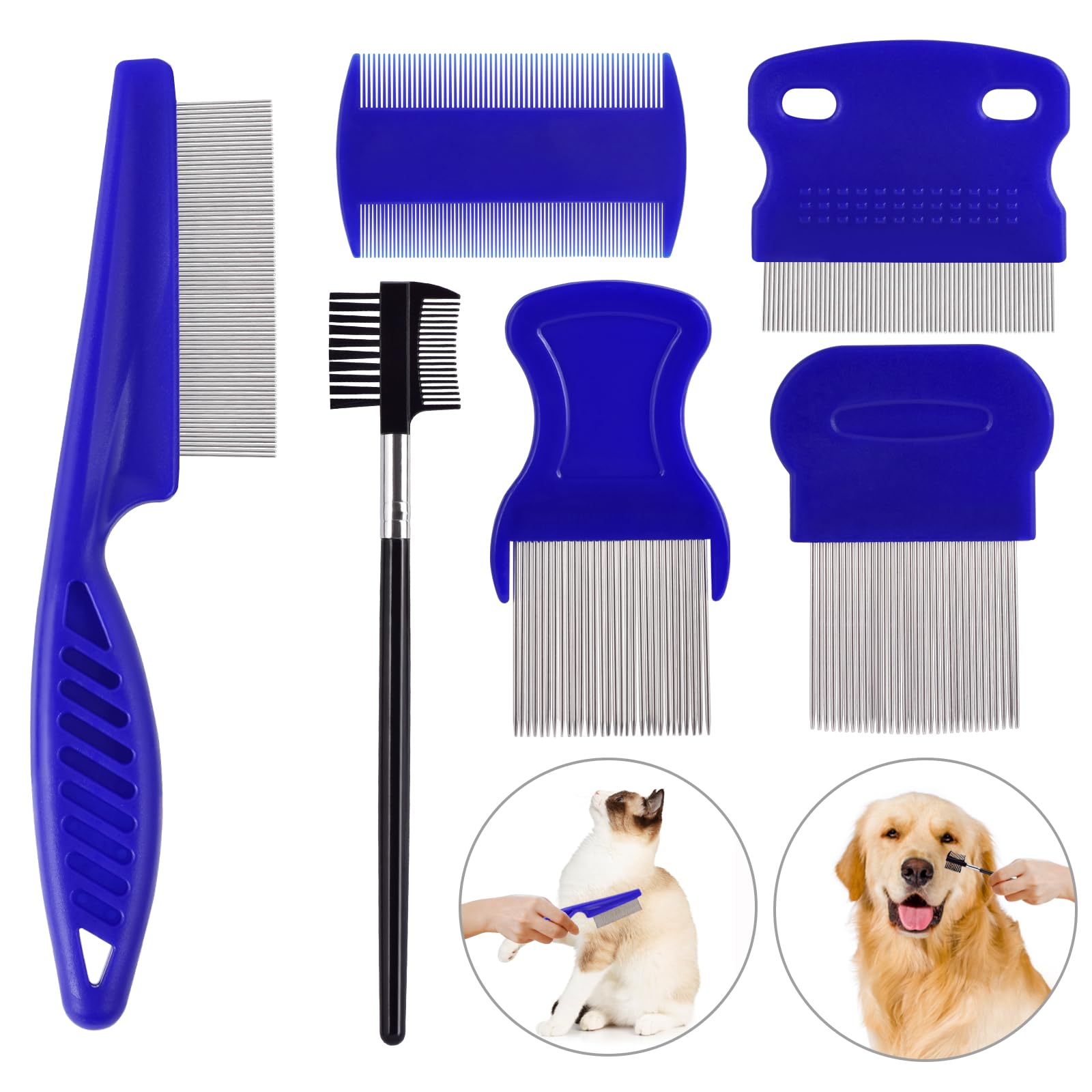 6 Pack Flea Comb For Cats Dogs,Stainless Steel Dog Cat Grooming Combs With Rounded Teeth,Double-Sided Tear Stain Remover,Dematti