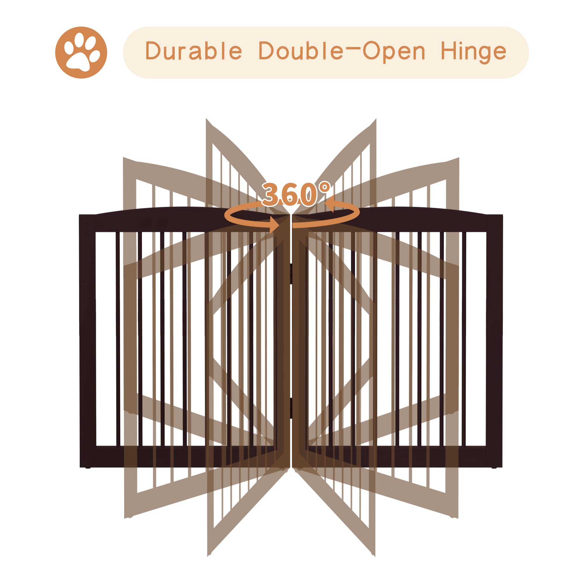 Pupetpo Freestanding Pet Gate For Dogs, Foldable Wooden Dog Gate For House, Extra Wide Dog Gate, Indoor Dog Gate For Stairs, Doorways, Halls, Support Feet Included, 120 Inch Wide, 6 Panels 24', Brown