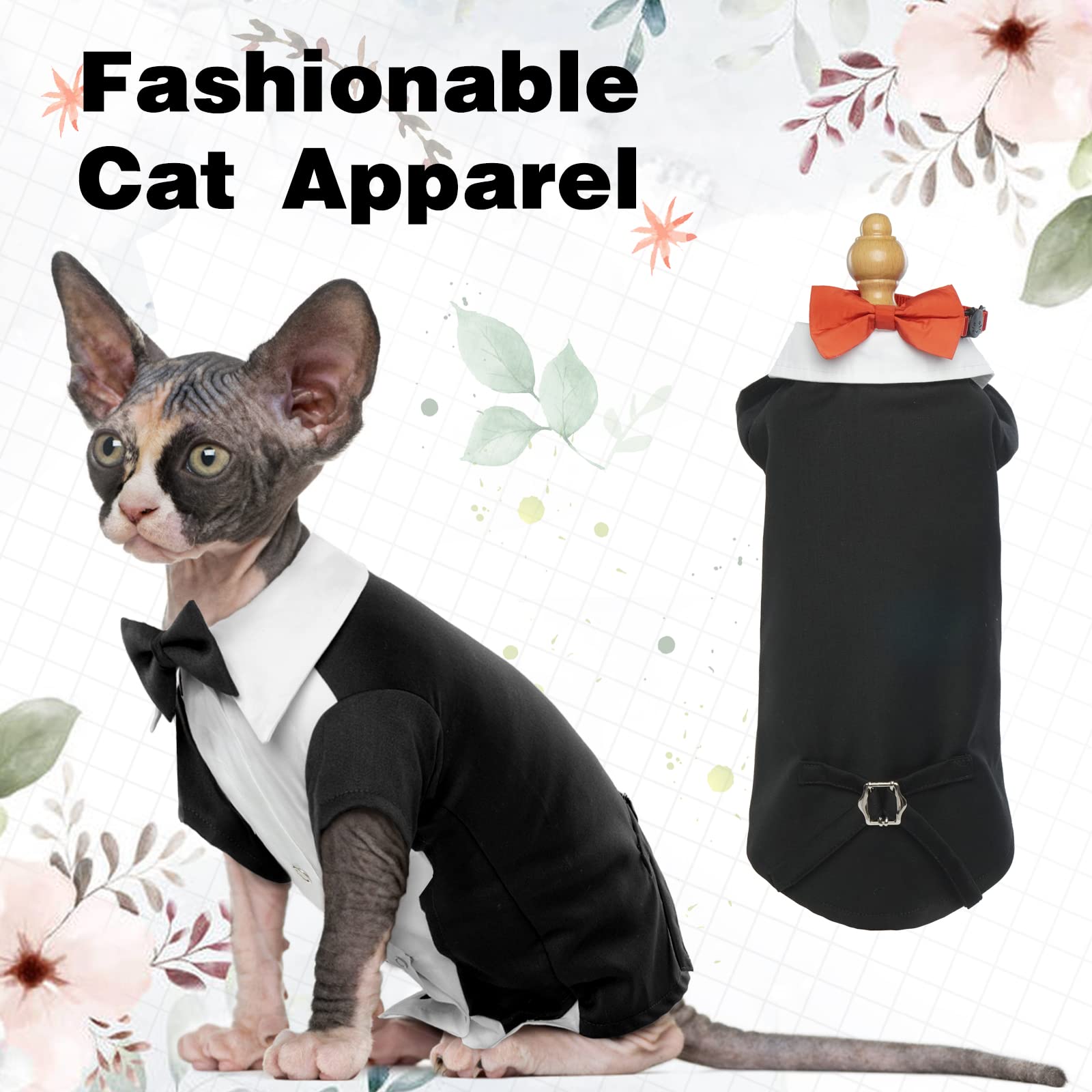 Dentrun Tuxedo Suit With Two Bow Tie, Stylish Cat Shirt Formal Outfit, Hairless Cat Fashion Apparel Fancy Clothes, Kitten Formal