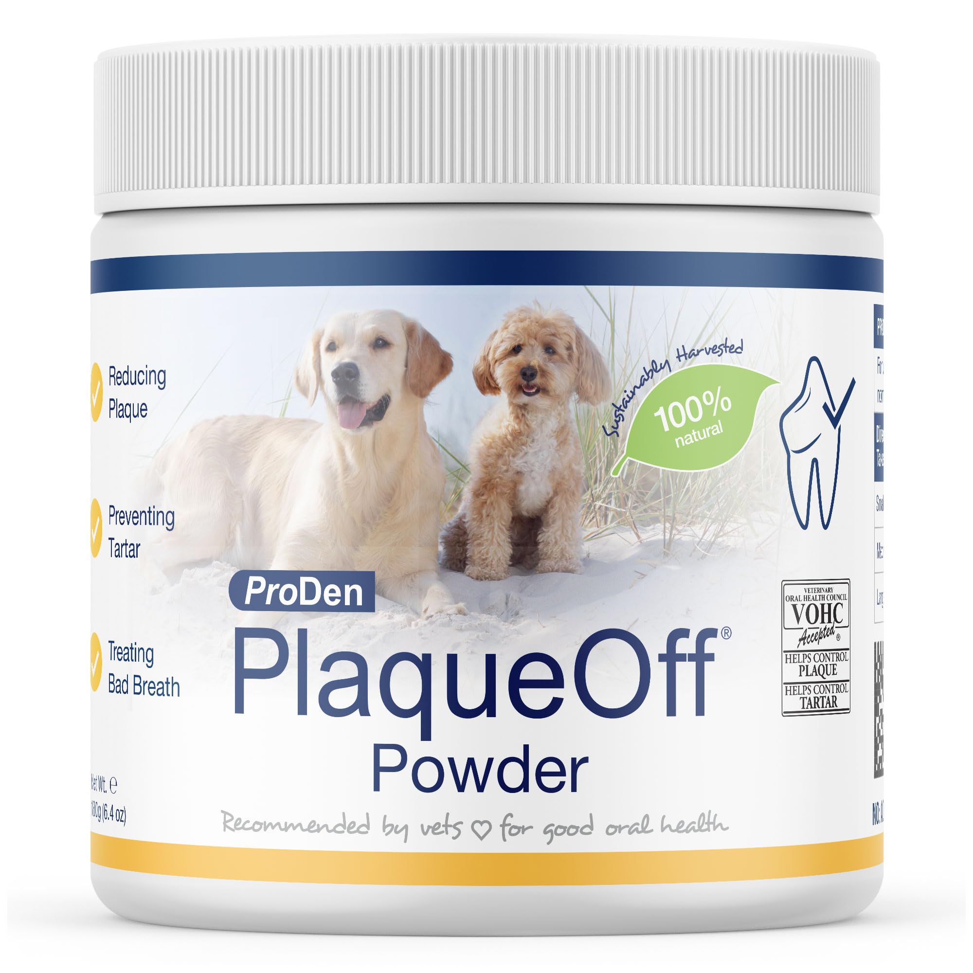 ProDen PlaqueOff Powder for Pets - Cat & Dog Breath Freshener - Plaque & Tartar Remover for Pet Oral Care - 180g