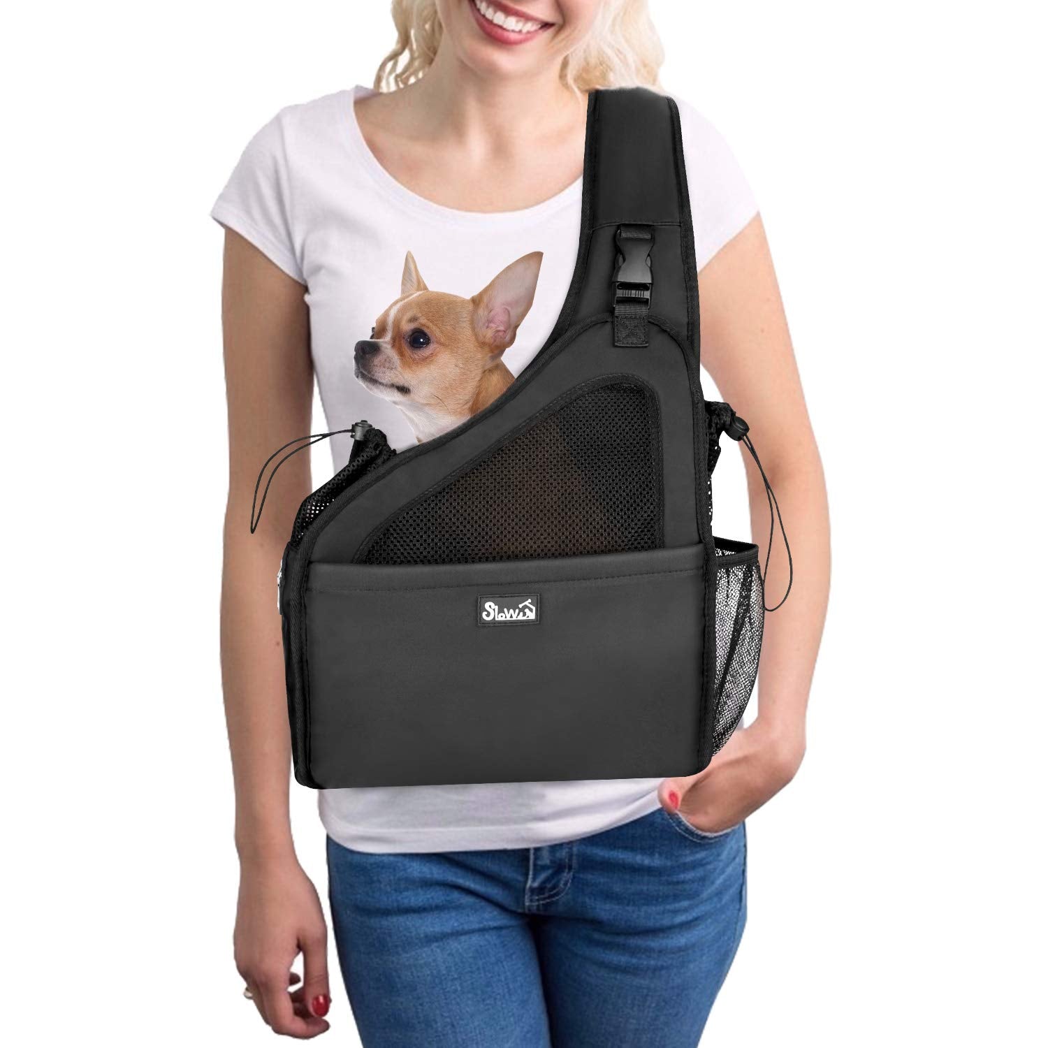 Slowton Pet Dog Sling Carrier, Hands Free Hard Bottom Papoose Small Animal Puppy Up To 6 Lbs Travel Bag Tote Breathable Mesh Support Adjustable Padded Strap Pocket Safety Belt Machine Washable