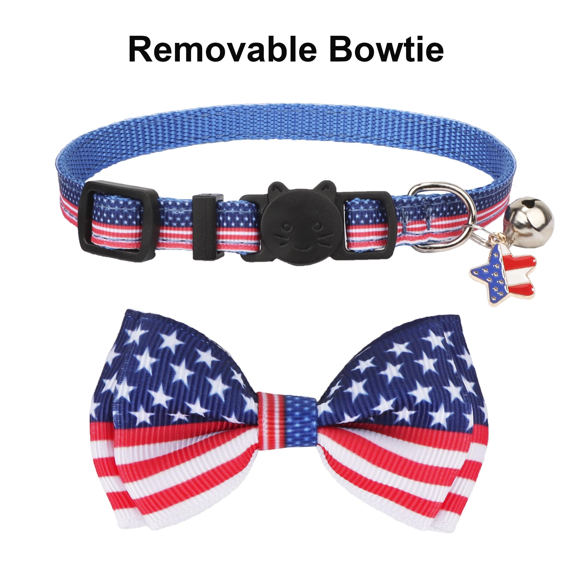 Adoggygo American Flag Cat Collars With Bow Bell, Breakaway Pet Bowtie Collar Red Blue Star Flag 4Th Of July Collars For Girl Bo