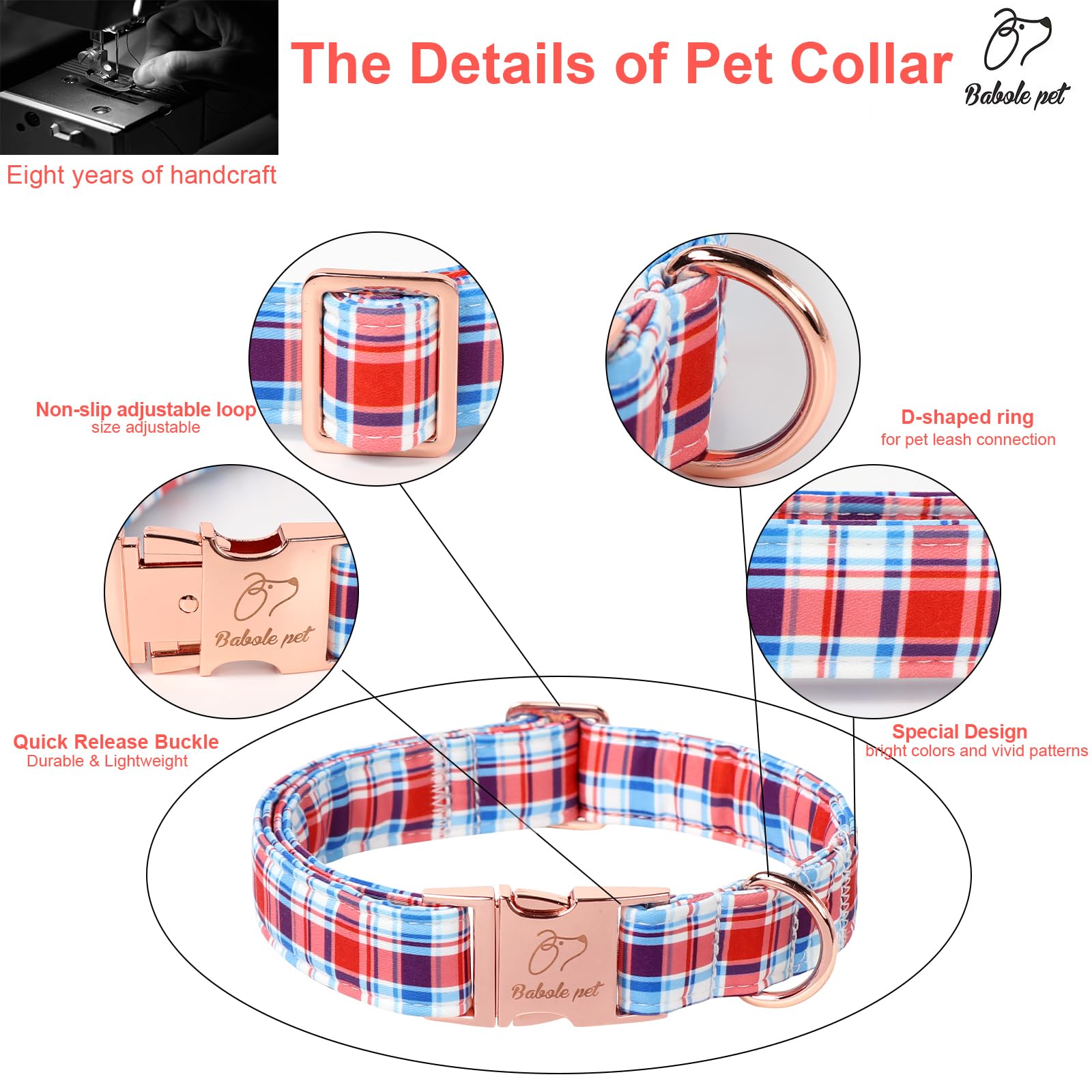 Babole Pet Adjustable Plaid Boy Dog Collar - Classic Boy Dog Plaid Collars For Puppy & Tiny Dogs, Durable Red White Blue Heavy D