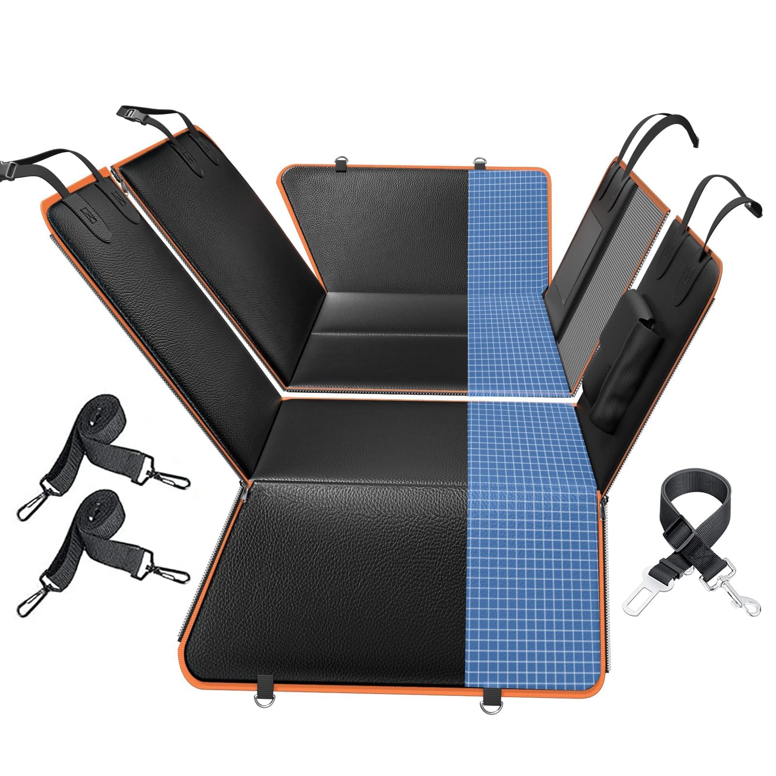 6-In-1 Leather Dog Backseat Extender, Hard Bottom 40/60 Split Waterproof Car Back/Front Seat Cover, Rear Hammock Carseat Protect
