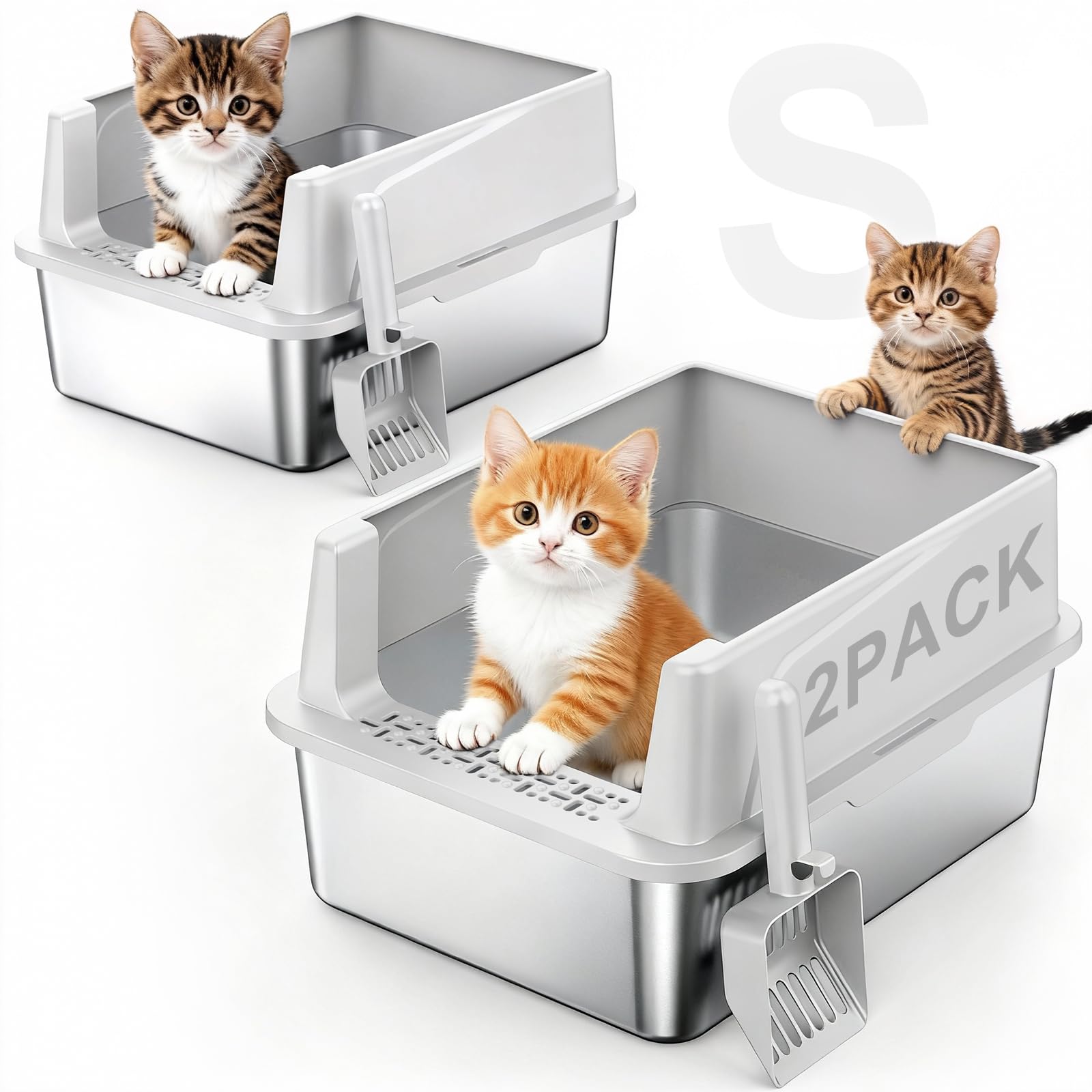 FURTIME 2 Pack Stainless Steel Cat Litter Box with Lid, Metal Kitty Litter Box for Small Cats, Kitten Litter Boxs with Non-Stick