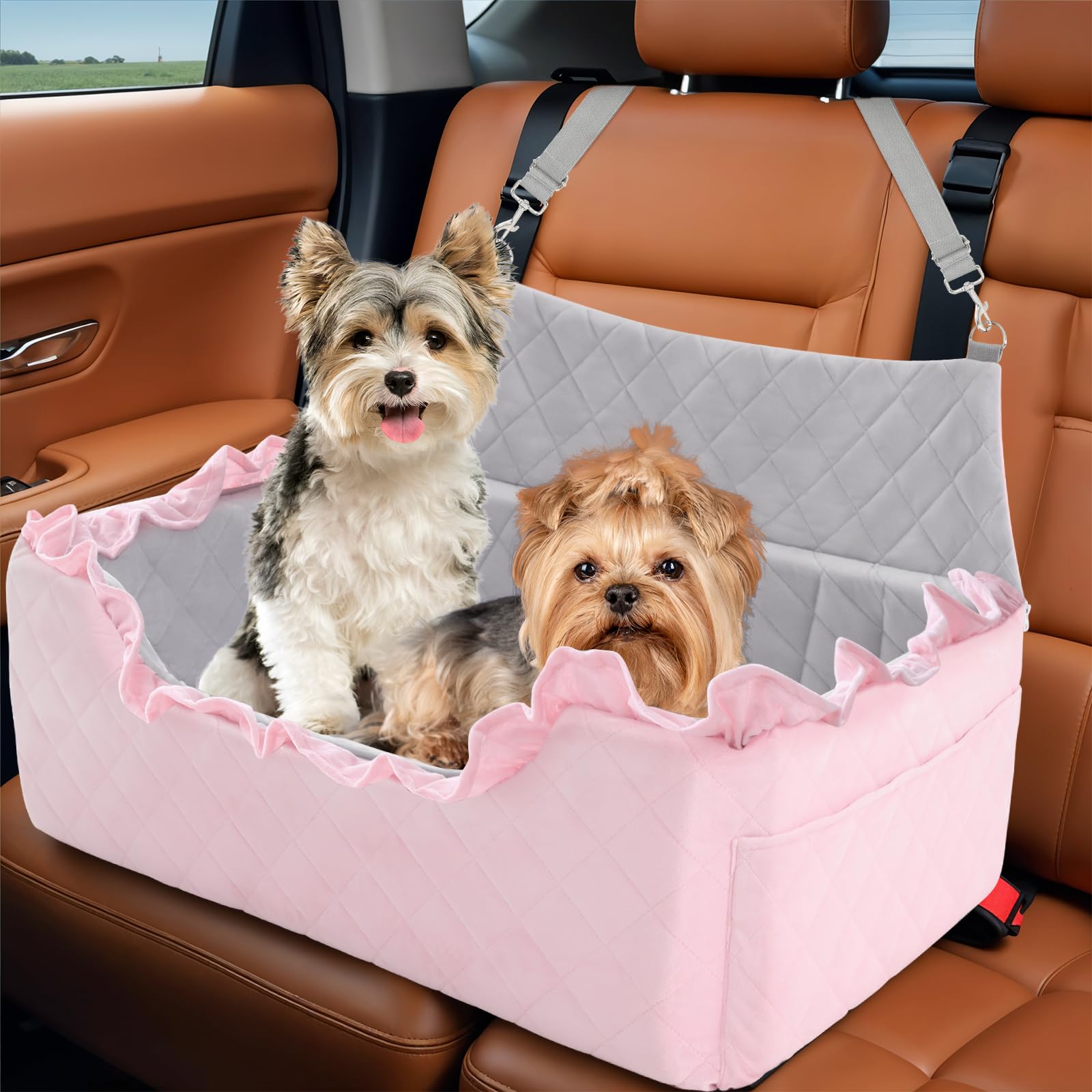 Dog Car Seat for Large Medium Dogs Under 55 lbs, Dog Booster Seat for 2 Small Dogs, Detachable Washable Pet Travel Bed with Thic