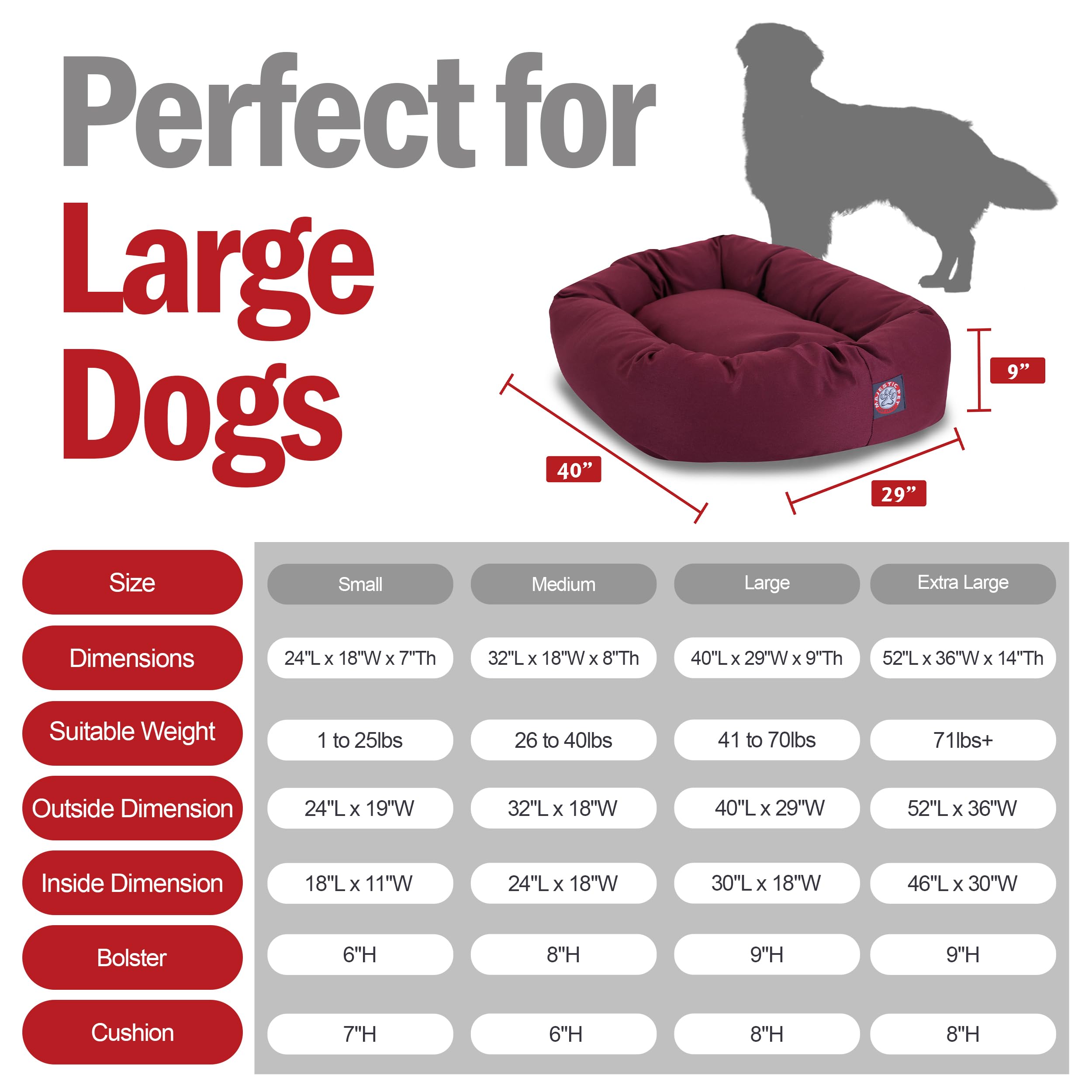 Majestic Pet 40 Inch Bagel Calming Dog Bed Washable – Cozy Soft Round Dog Bed With Spine Support For Dogs To Rest Their Head - Fluffy Donut Dog Bed 40X29X9 (Inch) - Round Pet Bed Large – Burgundy