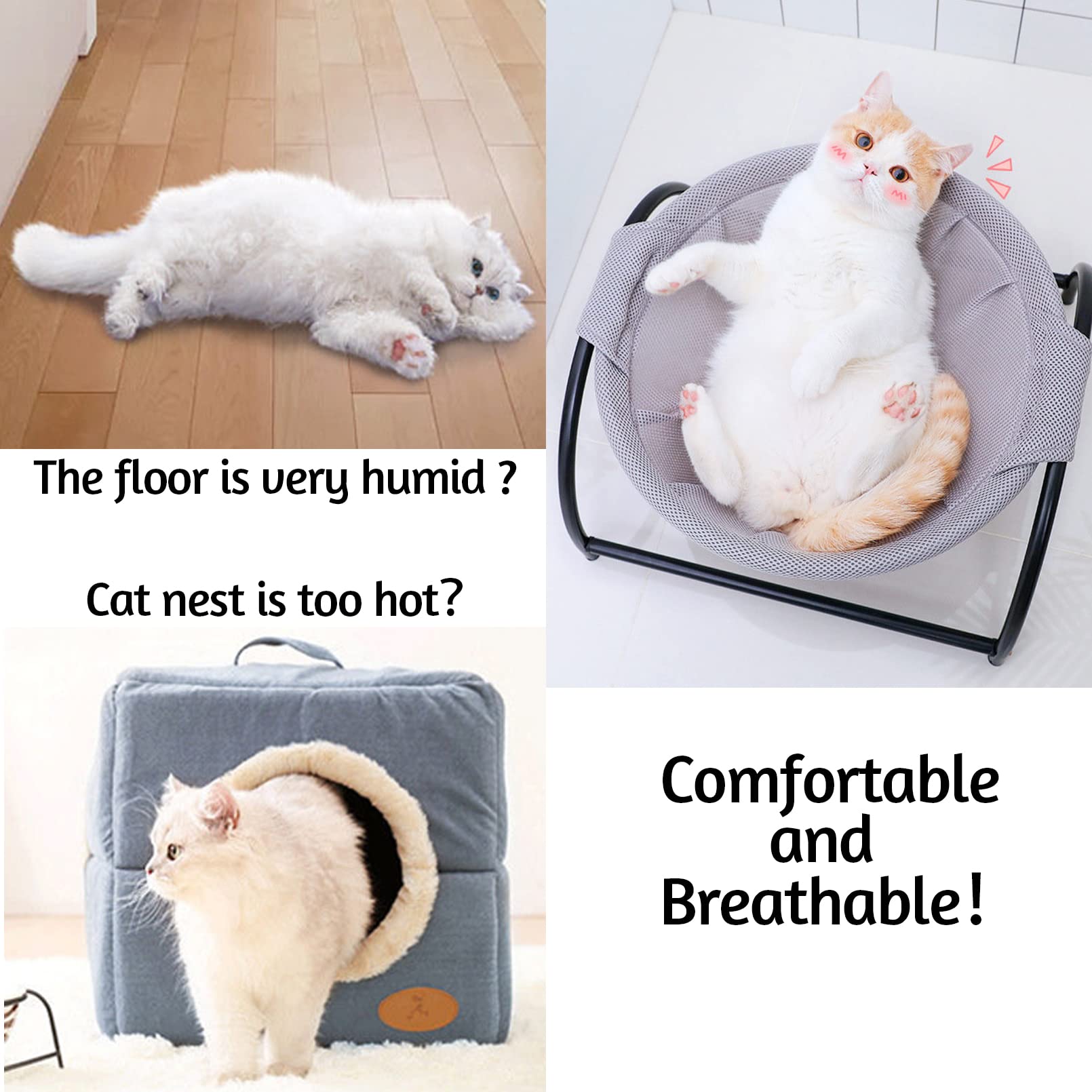 Fhiny Cat Hammock Bed, Removable & Washable Elevated Pet Hanging Nest Free-Standing Breathable Cooling Cot Sofa With Heavy Duty Iron Frames For Indoor Cats Kitten Puppy Sleeping