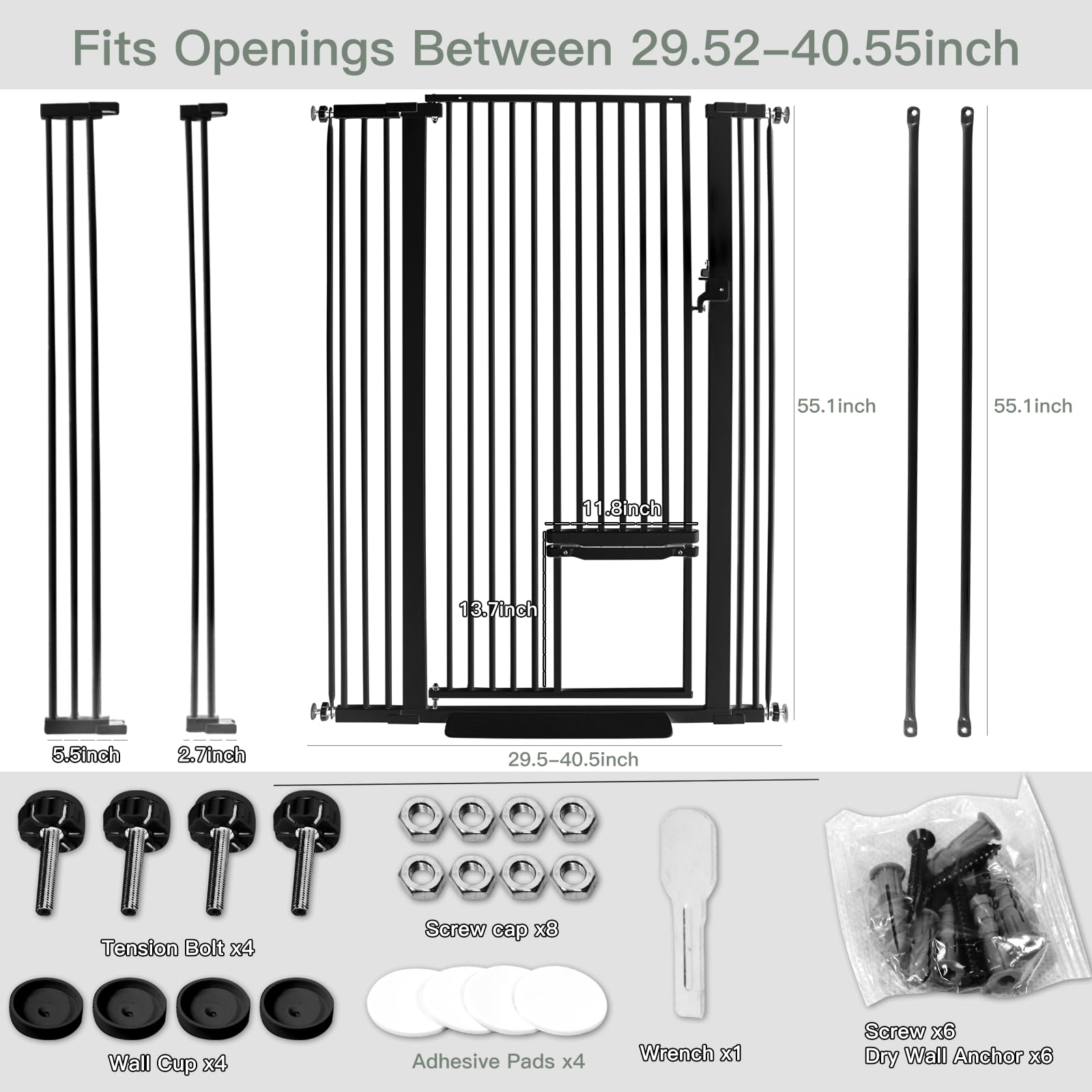 SHYUJAJIE 55 Inch Extra Tall Pet Gate with Small Cat Door, Adjustable 29.55 and -40.55 Wide Baby Gate, Tall Dog Gates for Doorwa