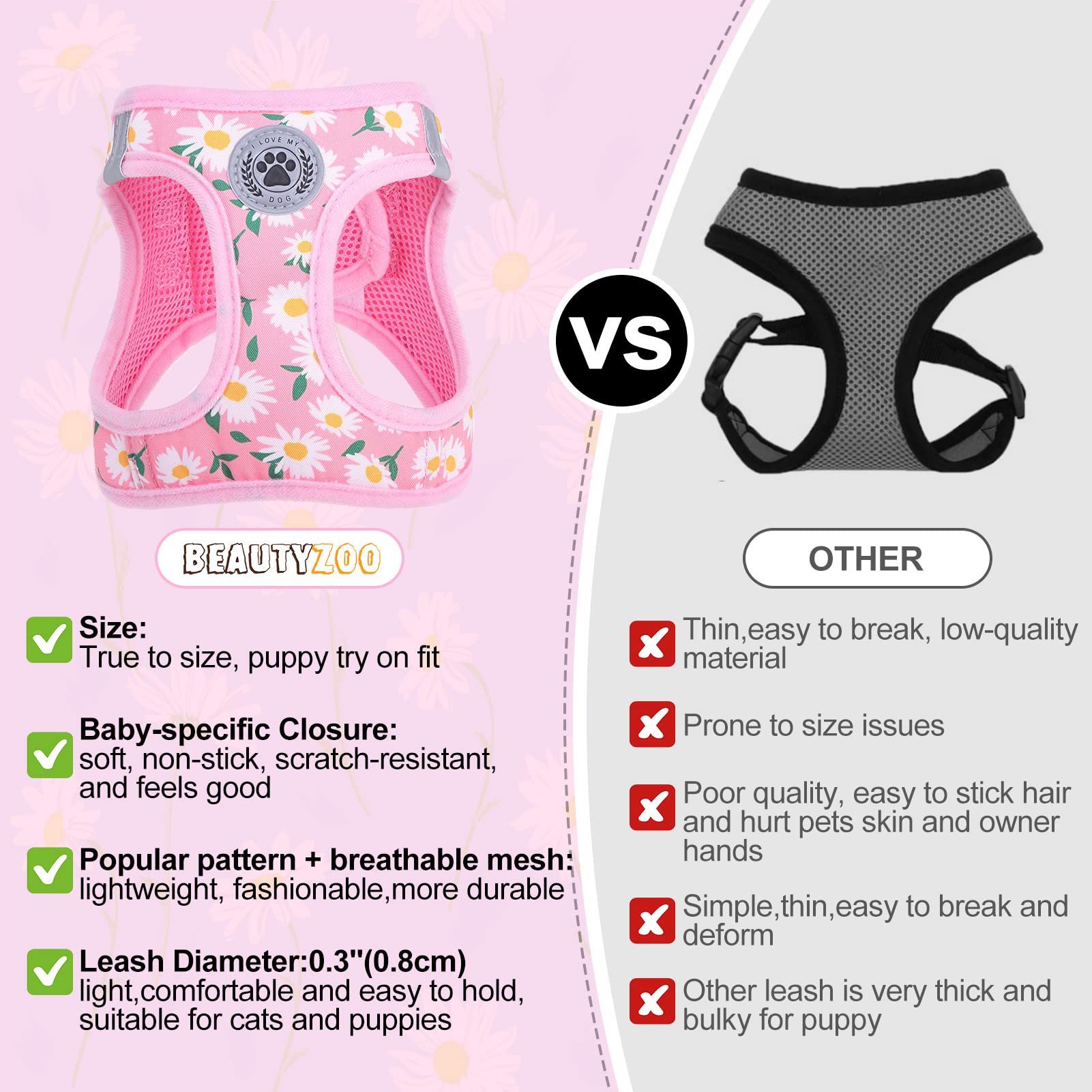 Beautyzoo Step In Dog Harness And Leash Set, Floral Pattern Reflective Dog Harness No Pull No Choke Puppy Harness For Xxs Xs S D