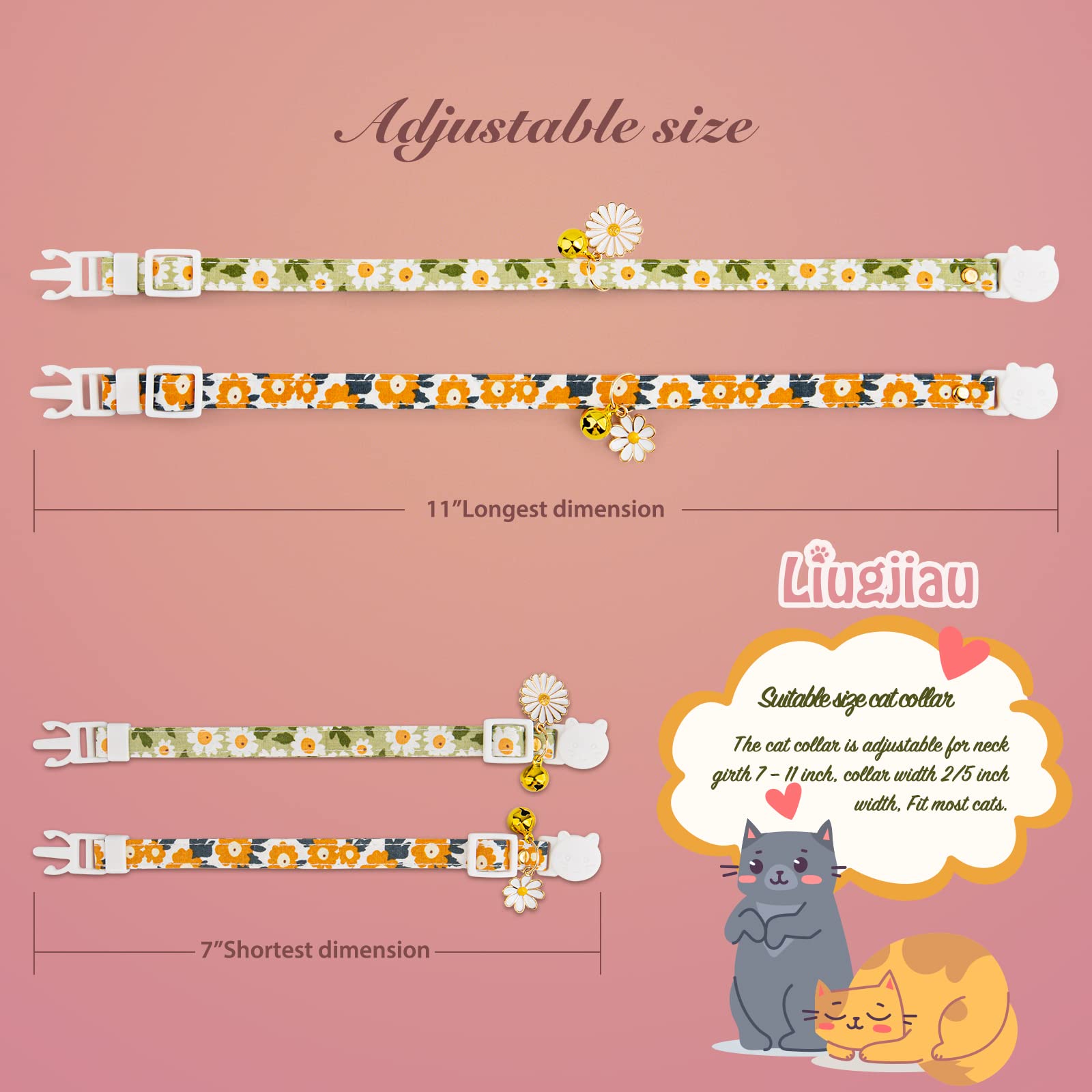 Liugjiau 2 Pack Cotton Breakaway Cat Collars With Bell,Green&Orange Daisy Pendant Cute Cat Collar Kitten Collar,Ideal For Girl C