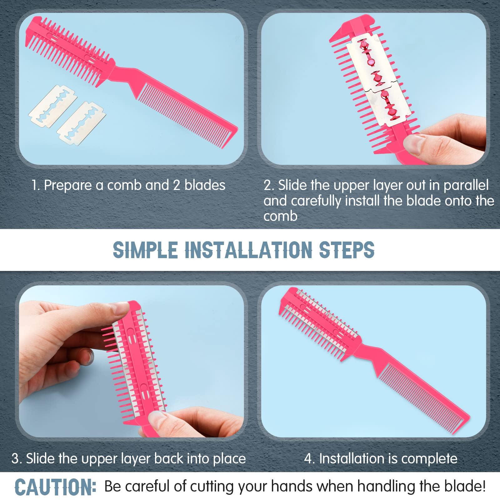 Yinkin 5-Piece Razor Comb For Dogs & Cats, Pink, Plastic & Stainless Steel, Small To Medium Dogs, 25 Extra Blades, Manual, Groom