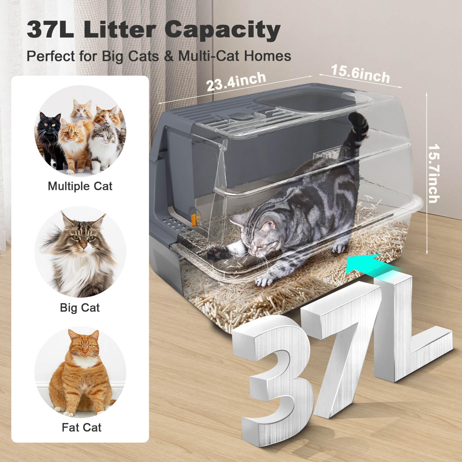 Stainless Steel Metal Cat Litter Box Large Enclosed With Lid, Dog Proof Jumbo Hooded High Sides For Big Cats, Indoor Multi Cat U