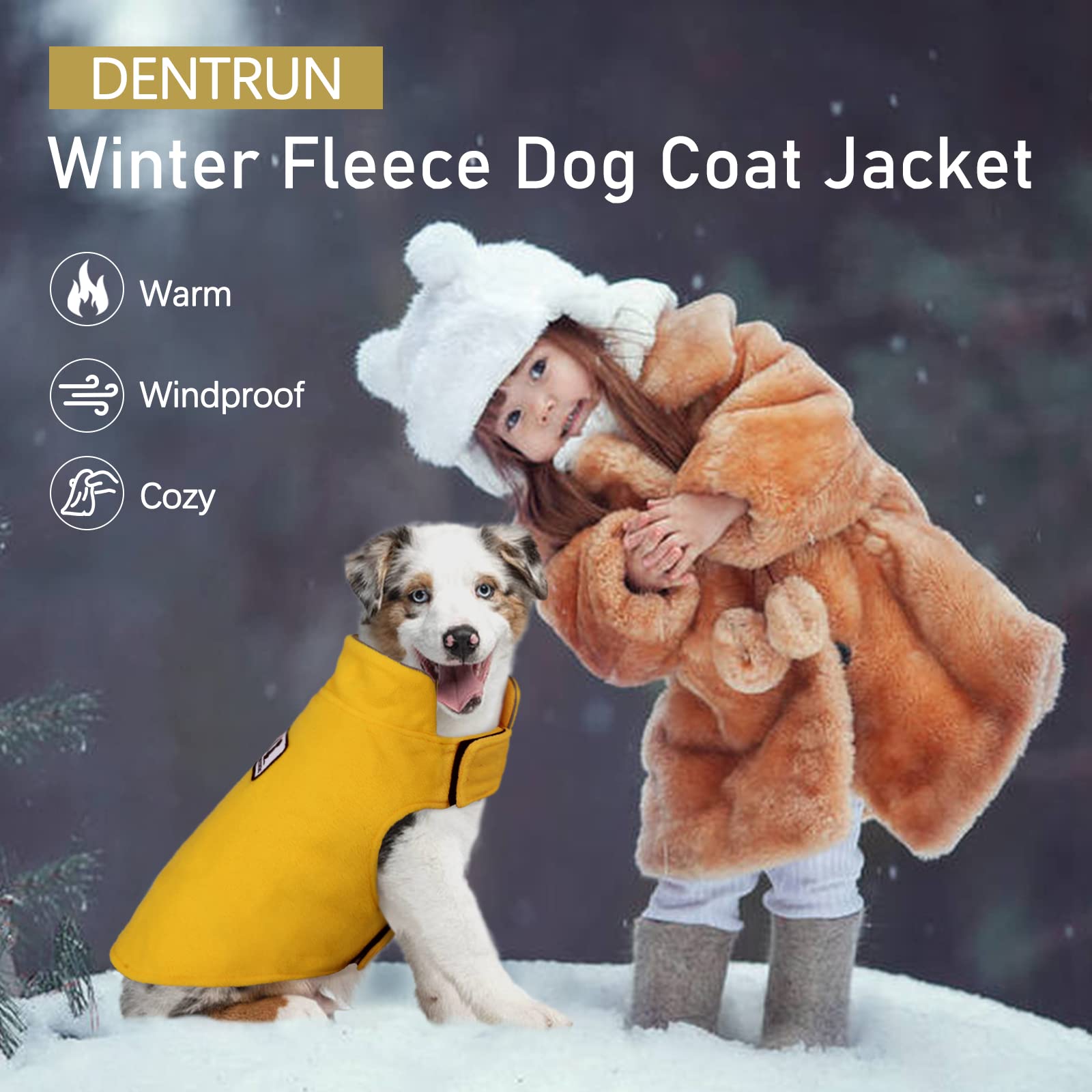 Dentrun Windproof Winter Warm Fleece Small Dog Coat Reversible Puppy Jacket Reflective Soft Pet Vest, Cold Weather Dog Sweater Apparel Leash Access Overcoat For Small Breeds, Yellow, S