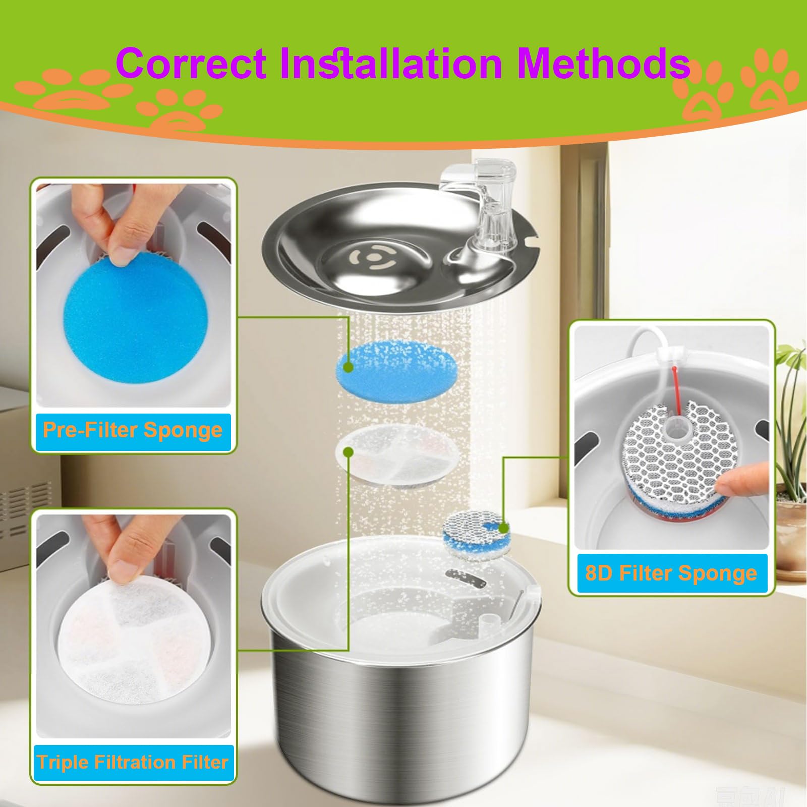 Cat Water Fountain Filter,Cat Fountain Filters Replacement for Round 2L/67oz Stainless Steel Pet Water Fountain,5 Set Pet Founta