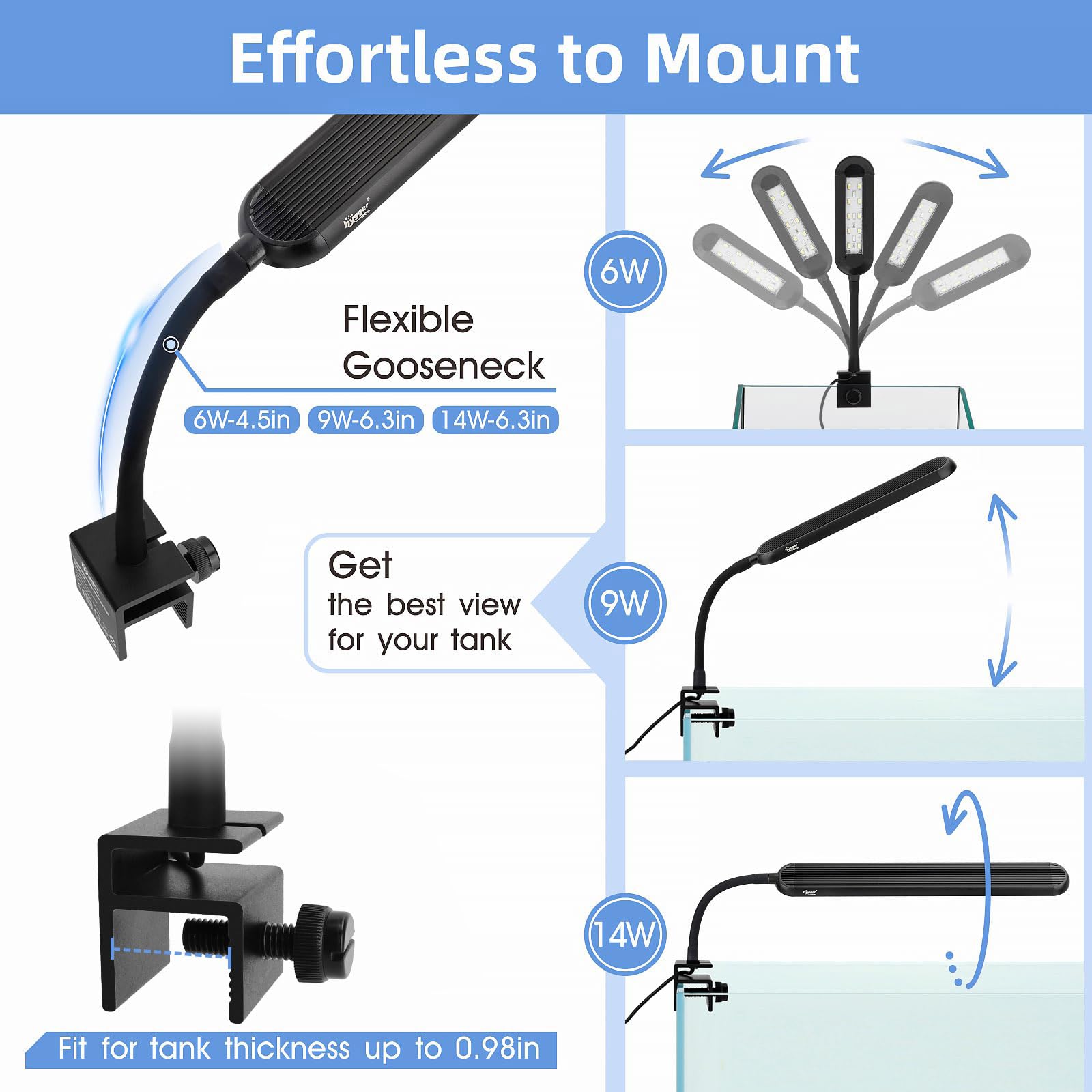 Hygger 0.5~5 Gallon Nano Tank Mini Clip-On Aquarium Light With White Blue Red Leds Fish Tank Lighting Built-In Timer 5 Brightness Levels 6W With Usb Port (Include Power Plug)