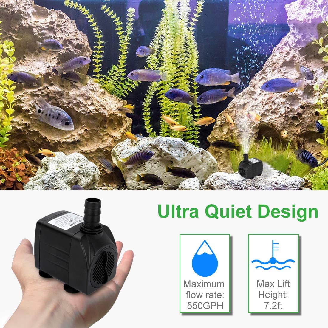 Growneer 2 Packs 550Gph Submersible Pump 30W Ultra Quiet Fountain Water Pump, 2000L/H, With 7.2Ft High Lift, 3 Nozzles, 4.9 Feet Tubing For Aquarium, Fish Tank, Pond, Hydroponics, Statuary