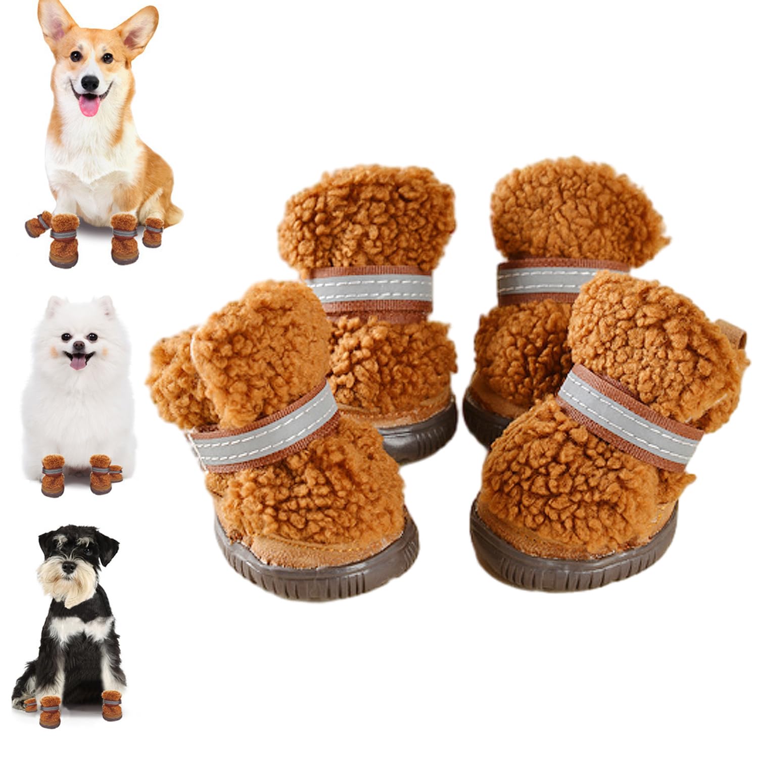 Urbest Dog Shoes Puppy Plush Warm Dog Snow Boots Reflective Strips Anti-Slip Rubber Sole Suitable For Small Medium-Sized Dog (Br
