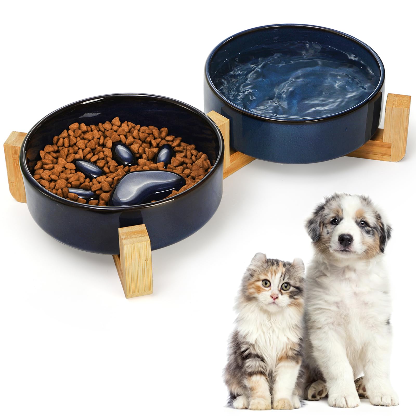 SOUJOY Ceramic Dog Cat Bowls Set with Stand, Non-Slip Elevated Small Dog Bowls, 2 Cups Slow Feeder Bowl Set, Dual Food and Water