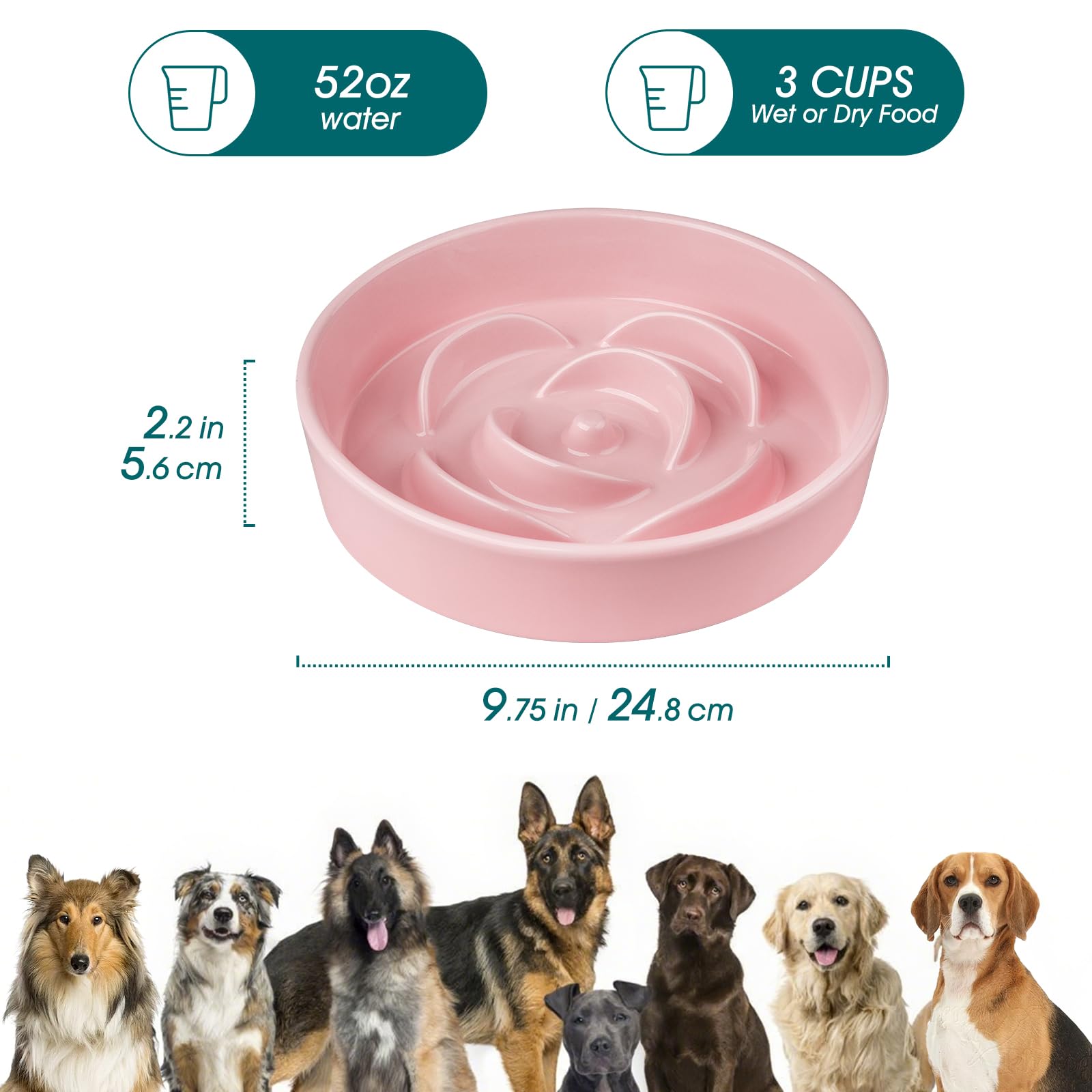 vancasso Slow Feeder Dog Bowl, 3 Cups Ceramic Slow Feeder for Large Breed, Puzzle Maze Dog Food Bowl for Fast Eater, Pink