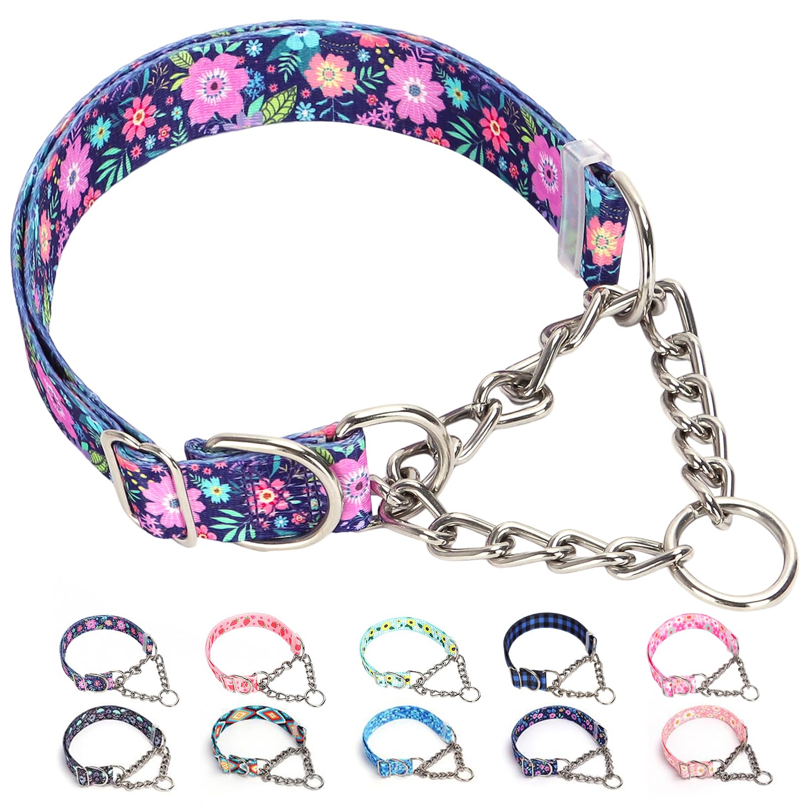 Martingale Dog Collar With Chain, No Pull Slip Cinch Choker Choke Collar Bohemia Flowers Duty Dog Collar For Medium Large Extra 