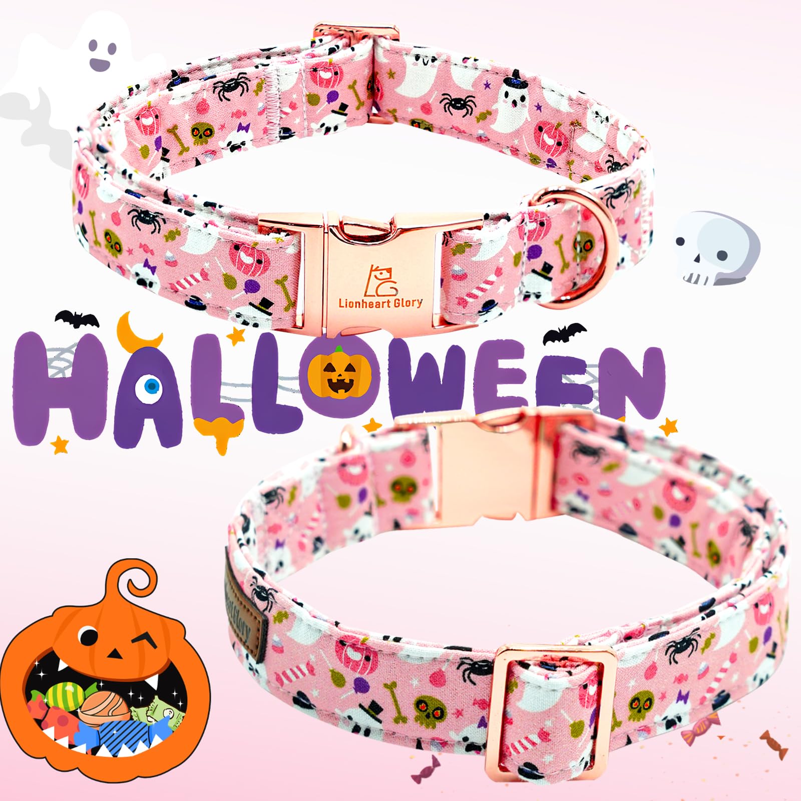 Lionheart Glory Dog Collar Fall Halloween Pumpkin Collars Dog Heavy Comfortable Adjustable Pink Dog Collar For X-Small Puppy Col