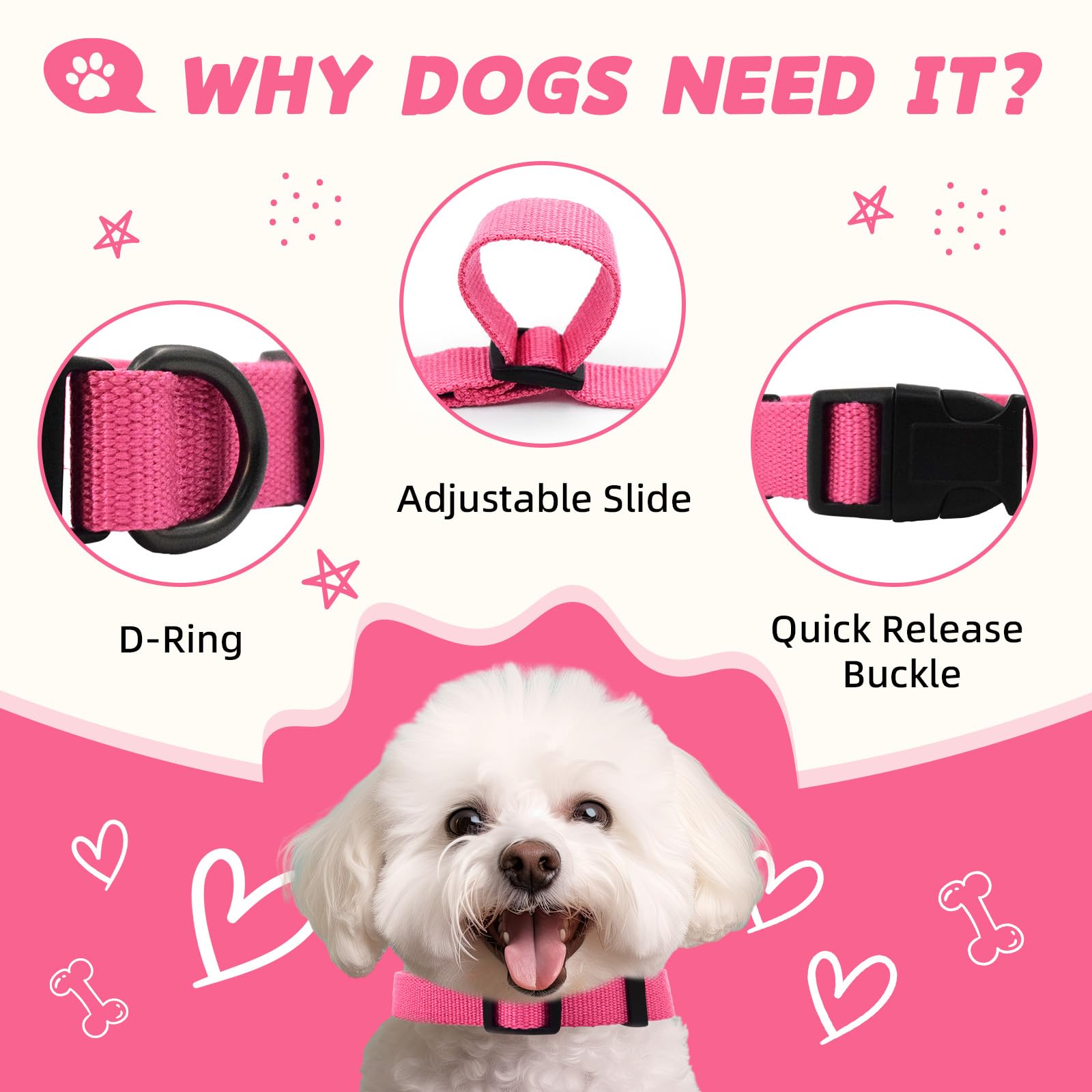 Rose Pink Dog Collar For Small Size Dogs Soft And Breathable Of 90% Rayon From Bamboo And 10% Polyester Comfortable Skin-Friendl