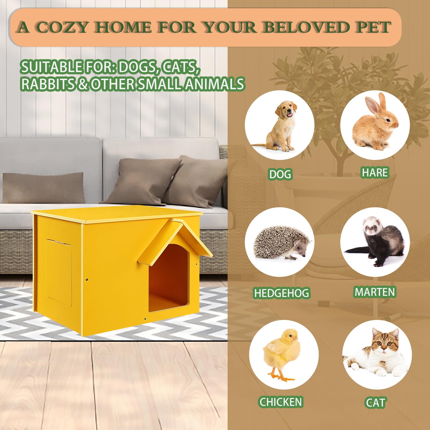 Felmis Outdoor Cat House, Yellow Feral Cat Shelter, Waterproof Stray Cat Outdoor Indoor Pet House For Small Animal With Escape D