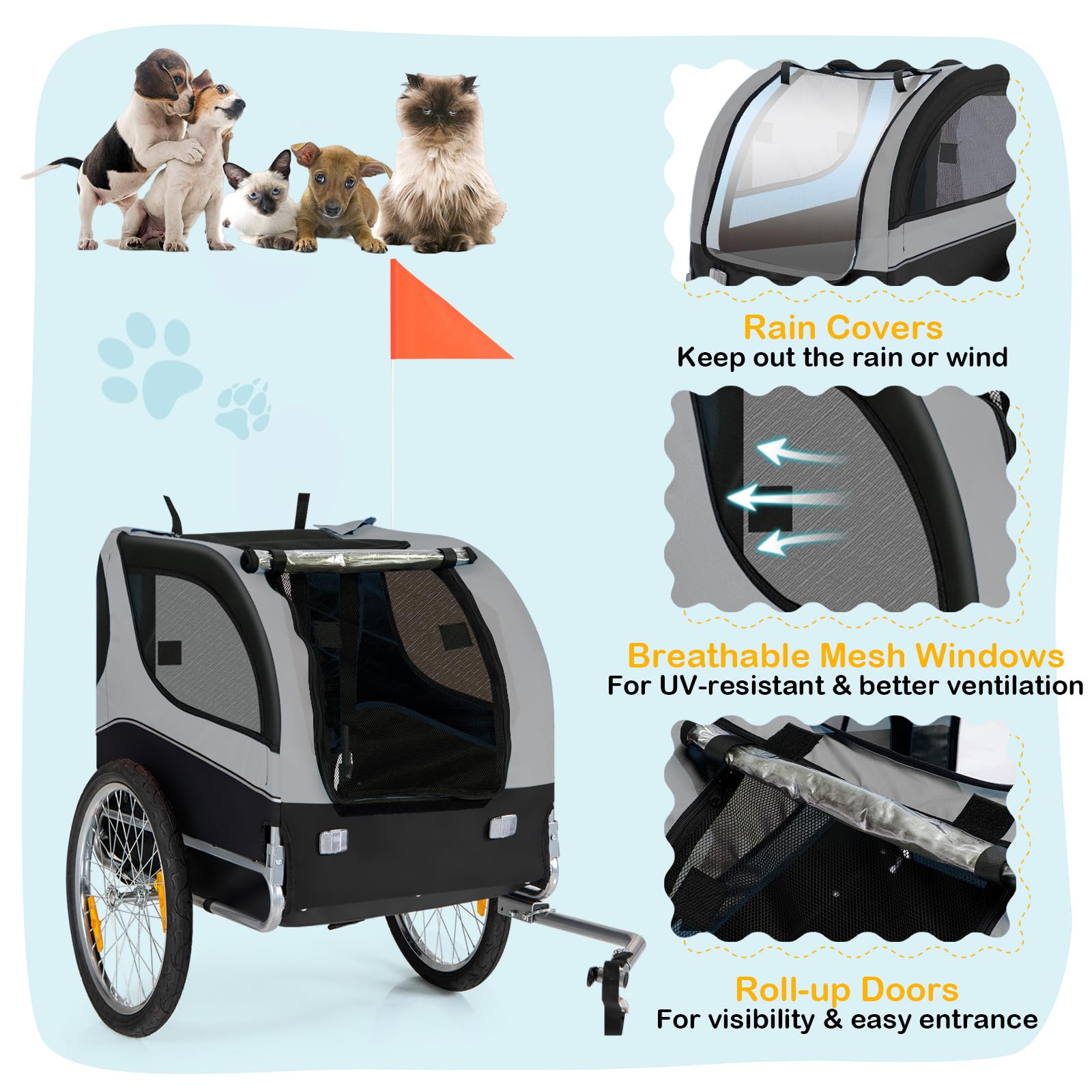 Large Dog Bike Trailer - Happaws Pet Trailer For Bicycle, Dog Carrier Pet Wagon Cargo Cycle Trailers W/ 3 Doors, Aluminum Wheels