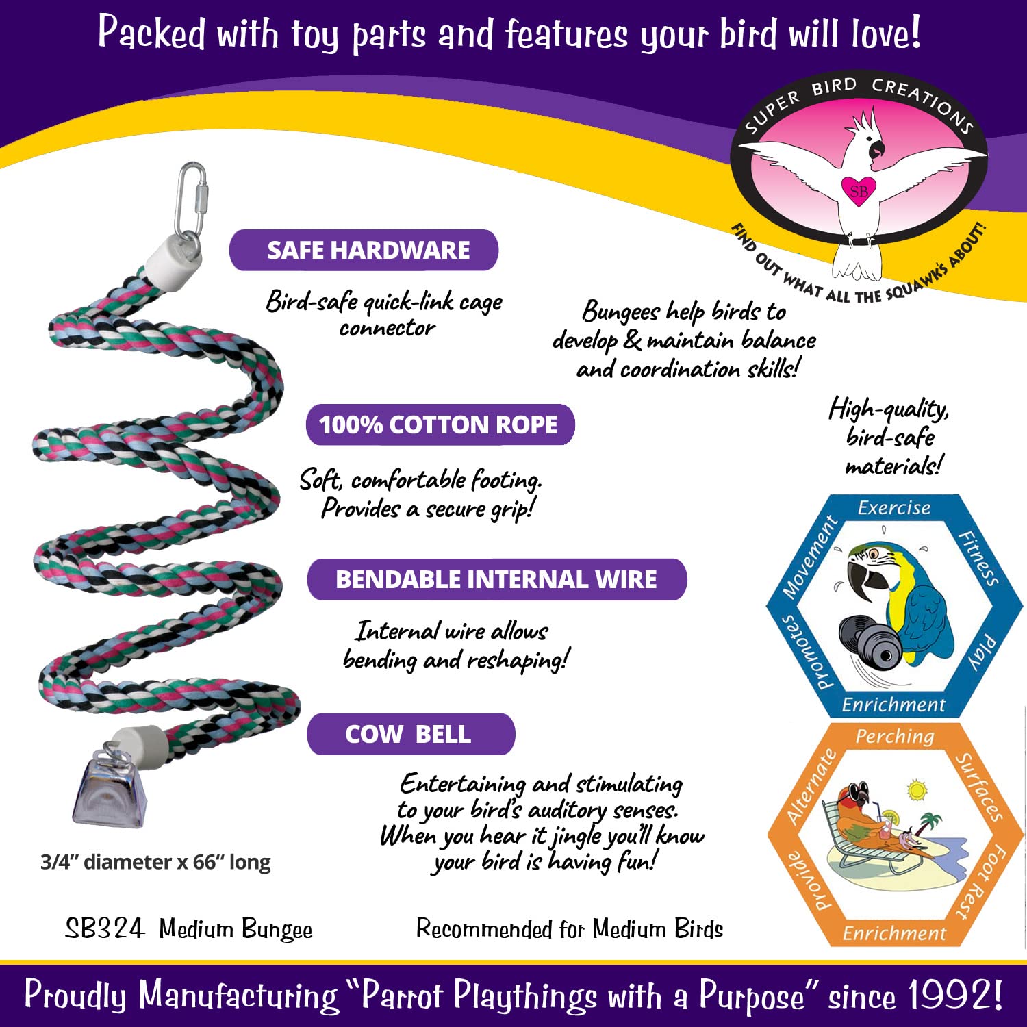 Super Bird Creations Sb324 Colorful Cotton Rope Bungee Bird Toy, Medium Bird Size, 3/4'' Diameter X 66''