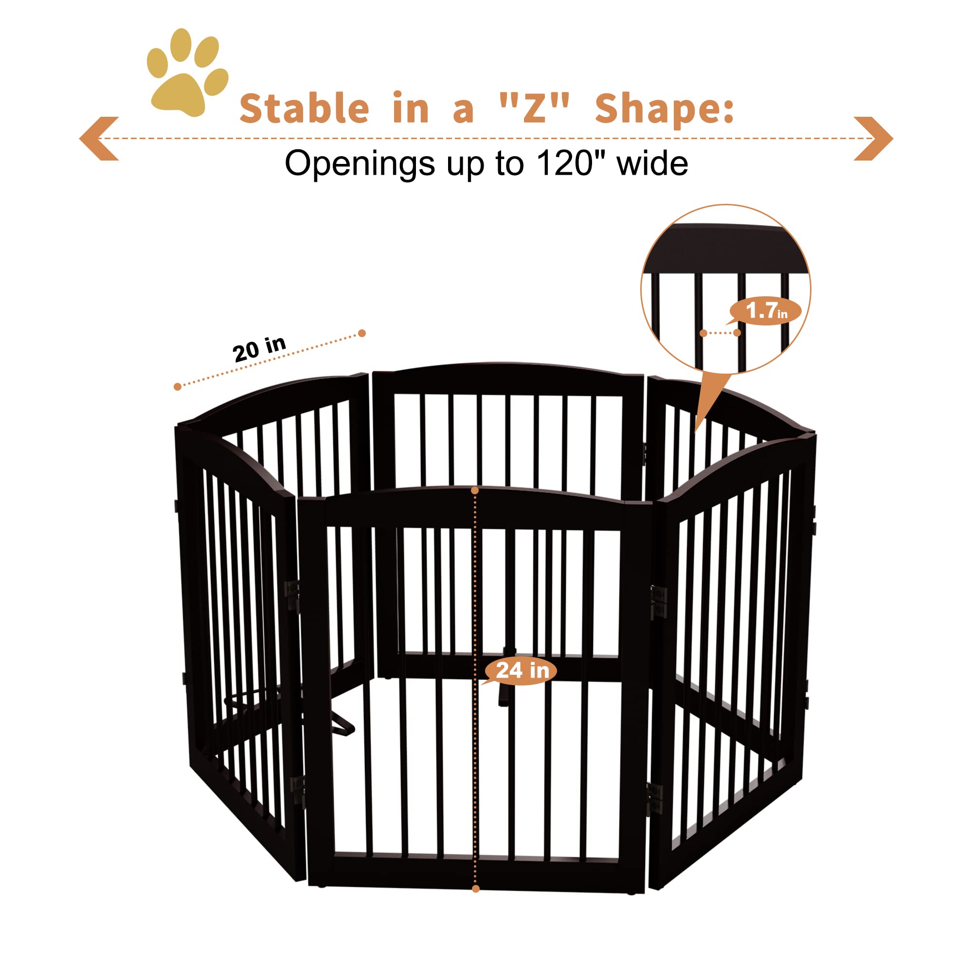 Pupetpo Freestanding Pet Gate For Dogs, Foldable Wooden Dog Gate For House, Extra Wide Dog Gate, Indoor Dog Gate For Stairs, Doorways, Halls, Support Feet Included, 120 Inch Wide, 6 Panels 24', Brown